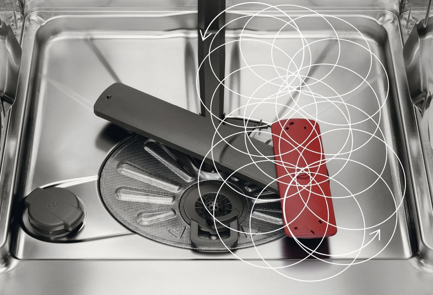 Innere einer Spülmaschine mit Sprüharm und überlagerten weißen Kreisen, die Sprühmuster zeigen.