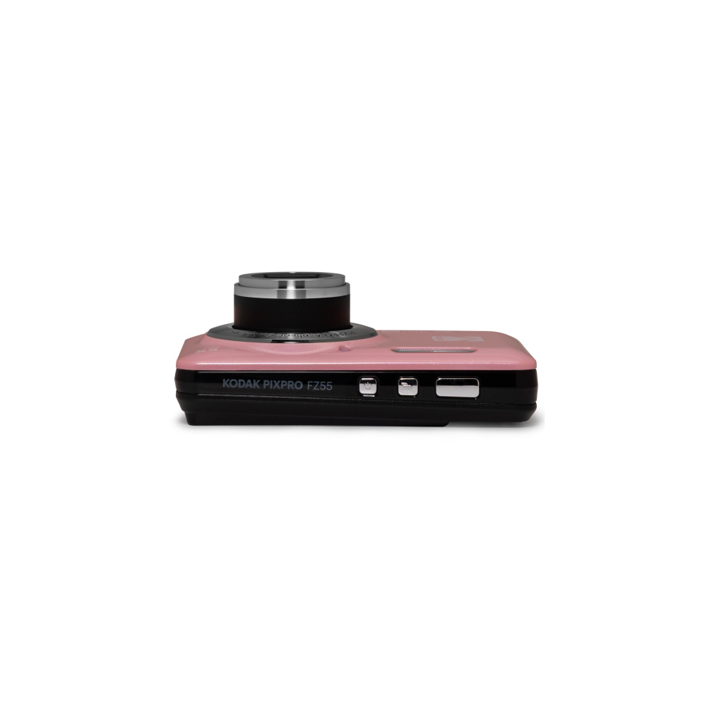 Rosa und schwarze Kodak Pixpro FZ55 Digitalkamera von vorne mit ausgefahrenem Objektiv auf weißem Hintergrund.