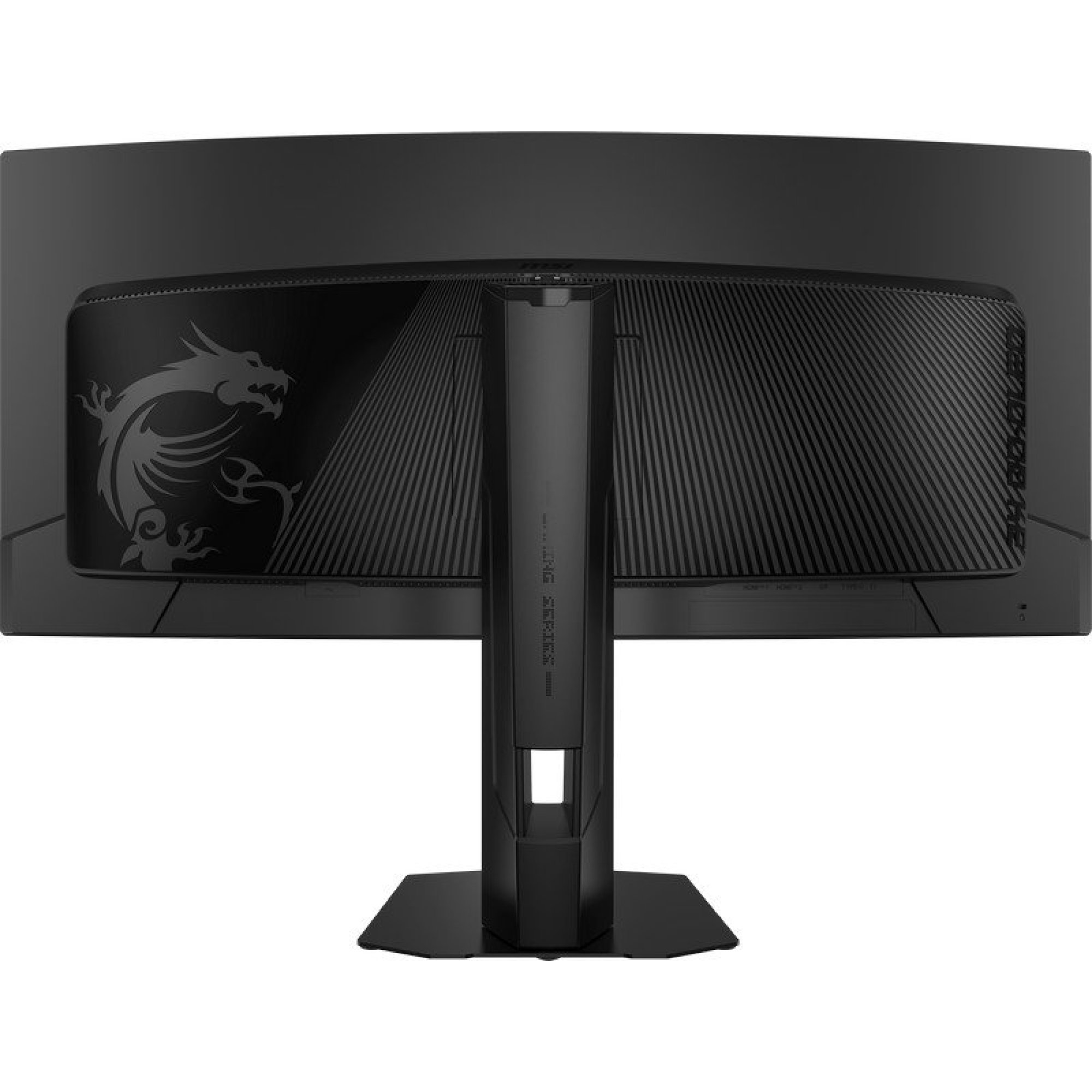 Vista trasera de un monitor curvo negro con el logotipo del dragón MSI y un soporte resistente.