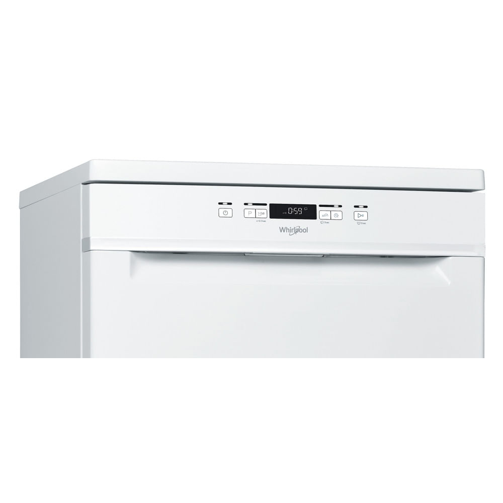 Primo piano della sezione superiore di una lavastoviglie Whirlpool bianca con display digitale e pulsanti.