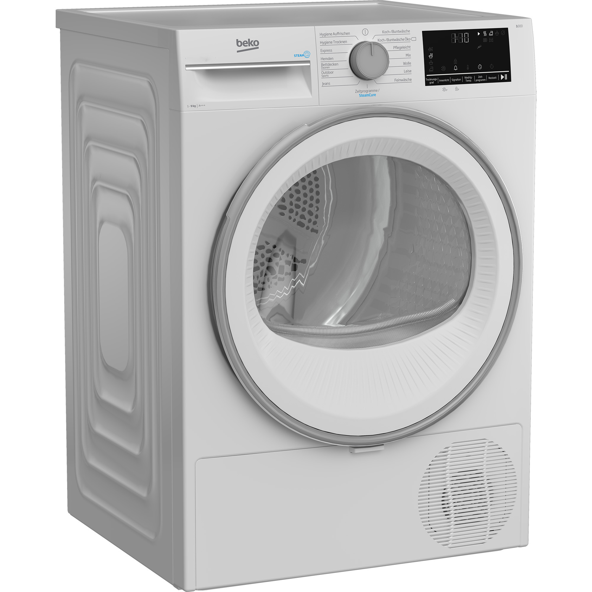 Ein weißer Beko-Trockner mit digitalem Display, Drehknopf und Bullauge steht auf einem weißen Hintergrund.