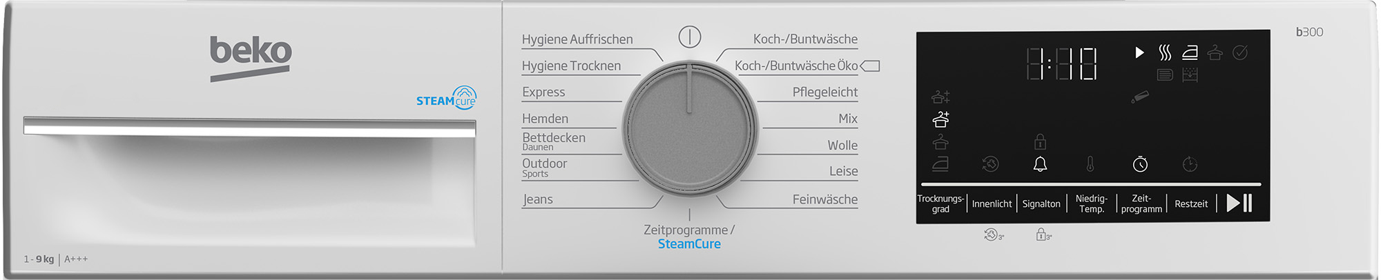 Beko Waschmaschinen-Bedienfeld mit Drehknopf, Programmen auf Deutsch, Digitaldisplay und Touch-Tasten.