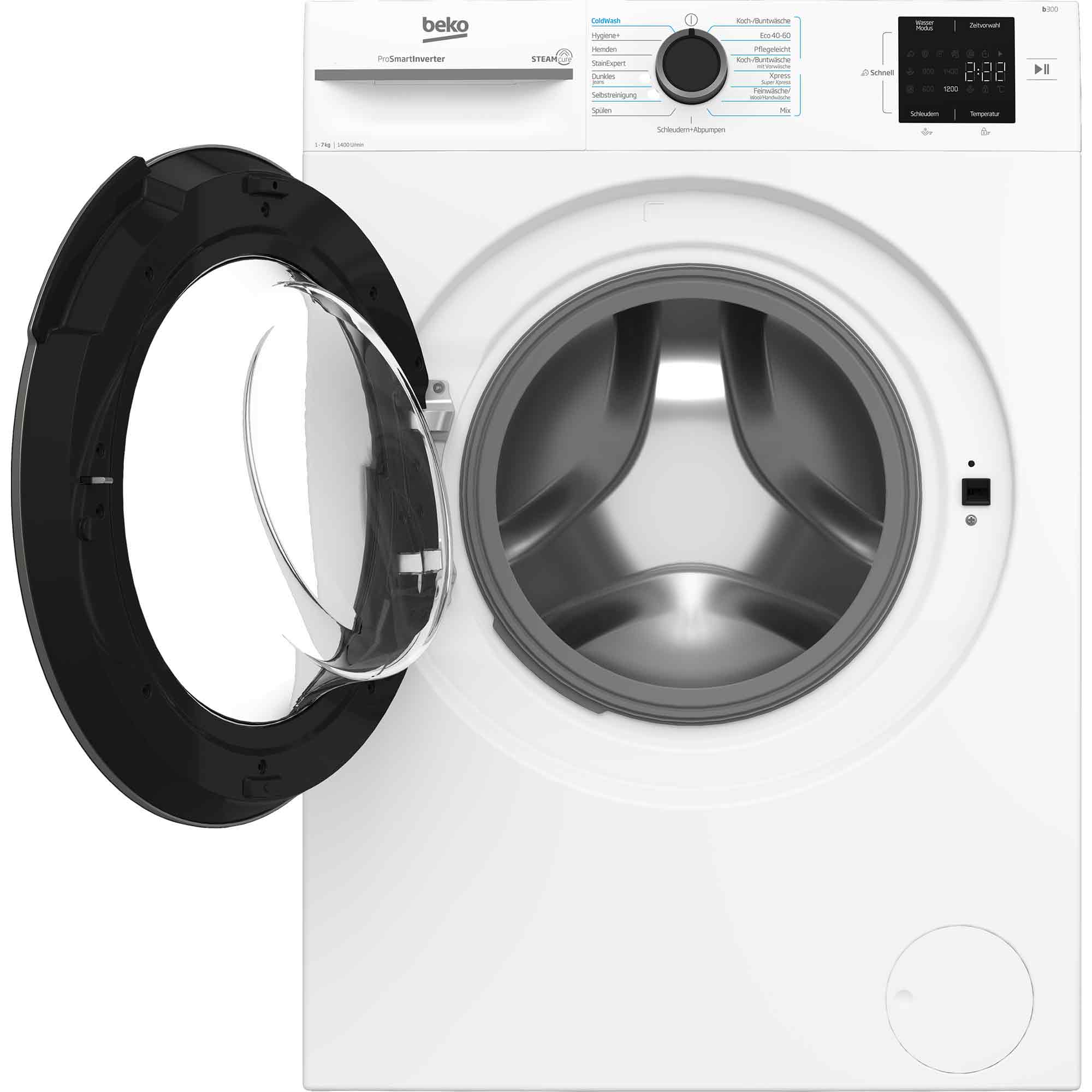 Weiße Beko Waschmaschine mit weit geöffneter runder Glastür, Bedienfeld mit Drehknöpfen und digitalem Display.