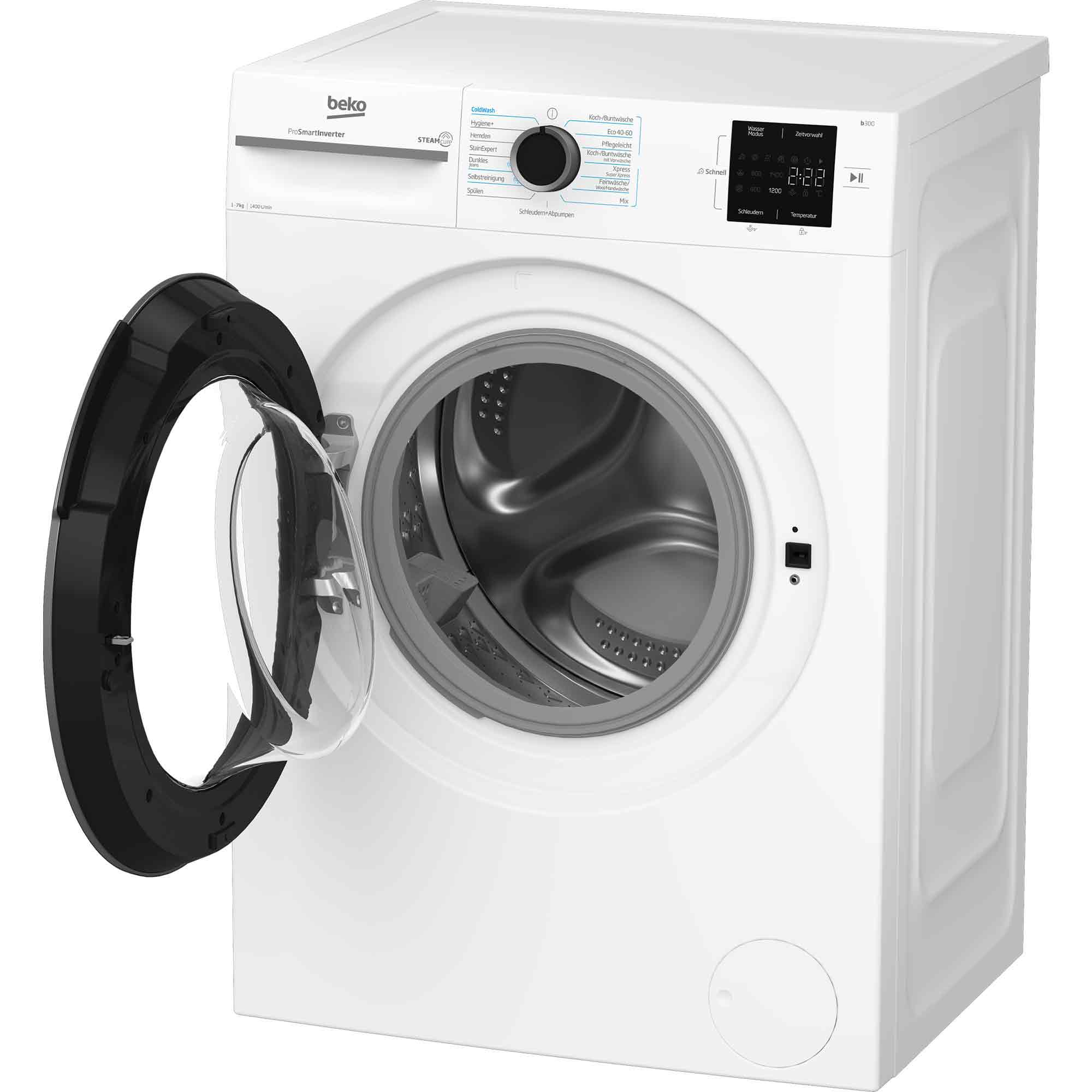 Eine weiße Beko Waschmaschine mit offener schwarzer Tür, Drehregler und digitalem Display vor weißem Hintergrund.