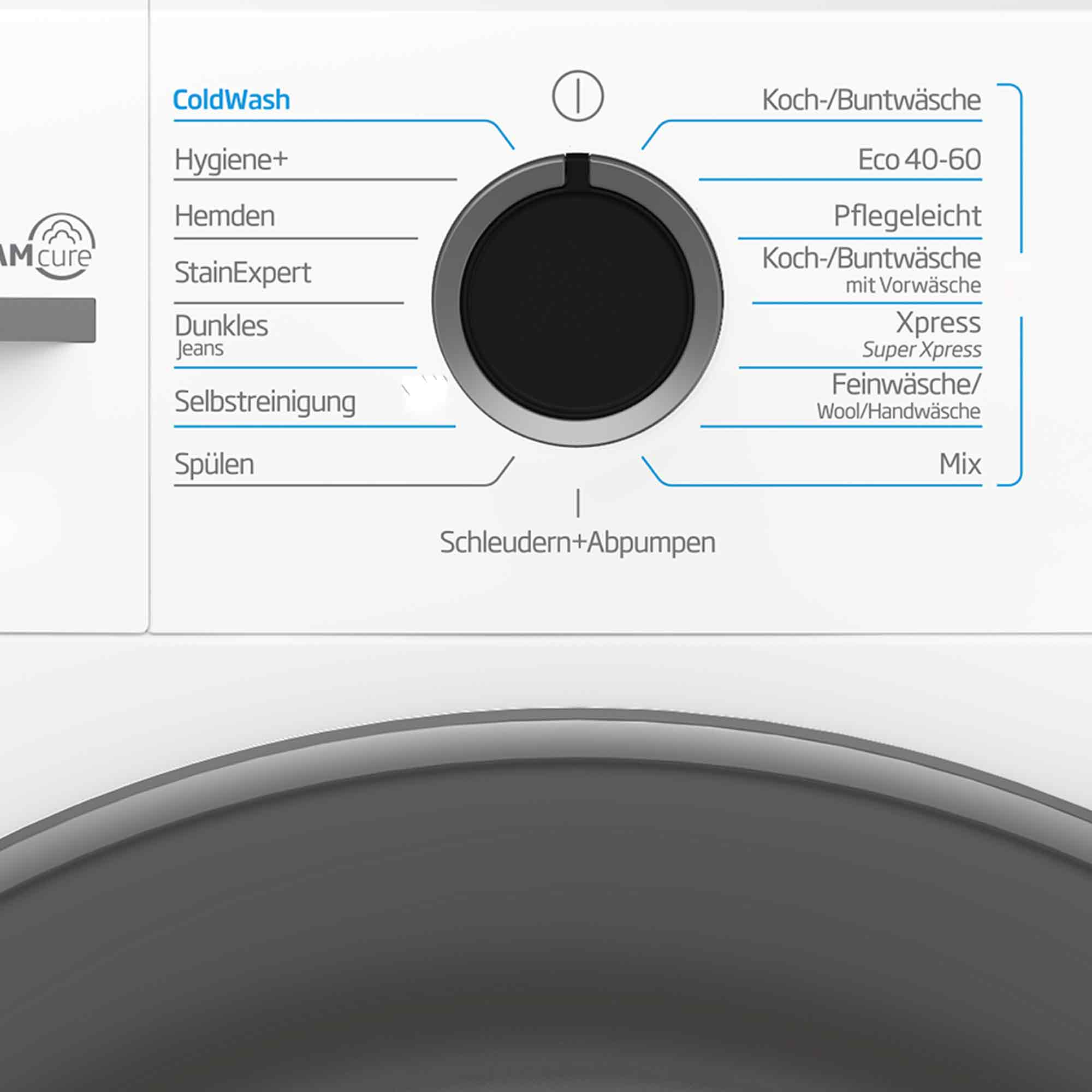 Ein Waschmaschinen-Bedienfeld mit einem zentralen schwarzen Drehregler und blauen Programmbeschriftungen.