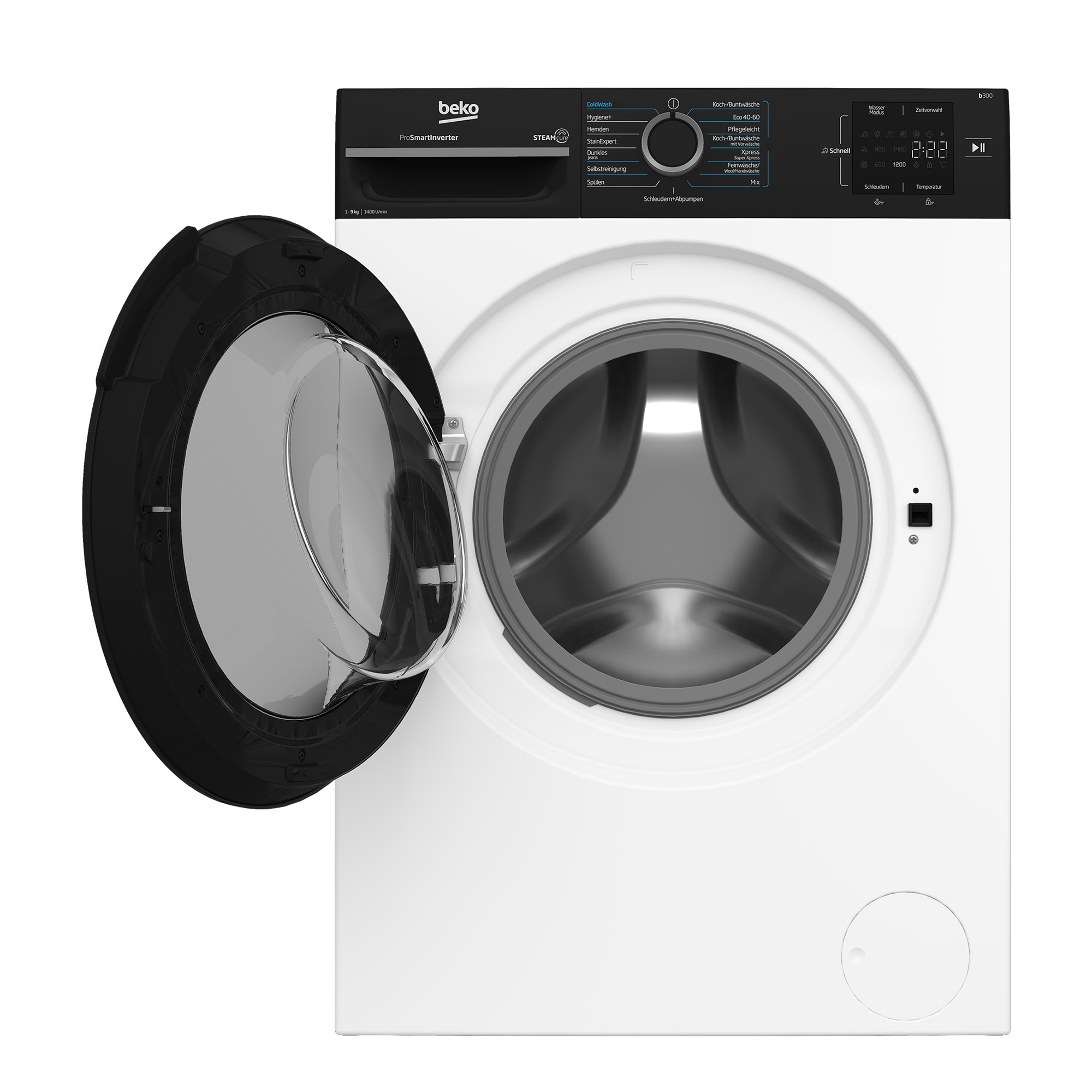 Eine weiße Beko-Waschmaschine mit schwarzem Bedienfeld und geöffneter Glastür.