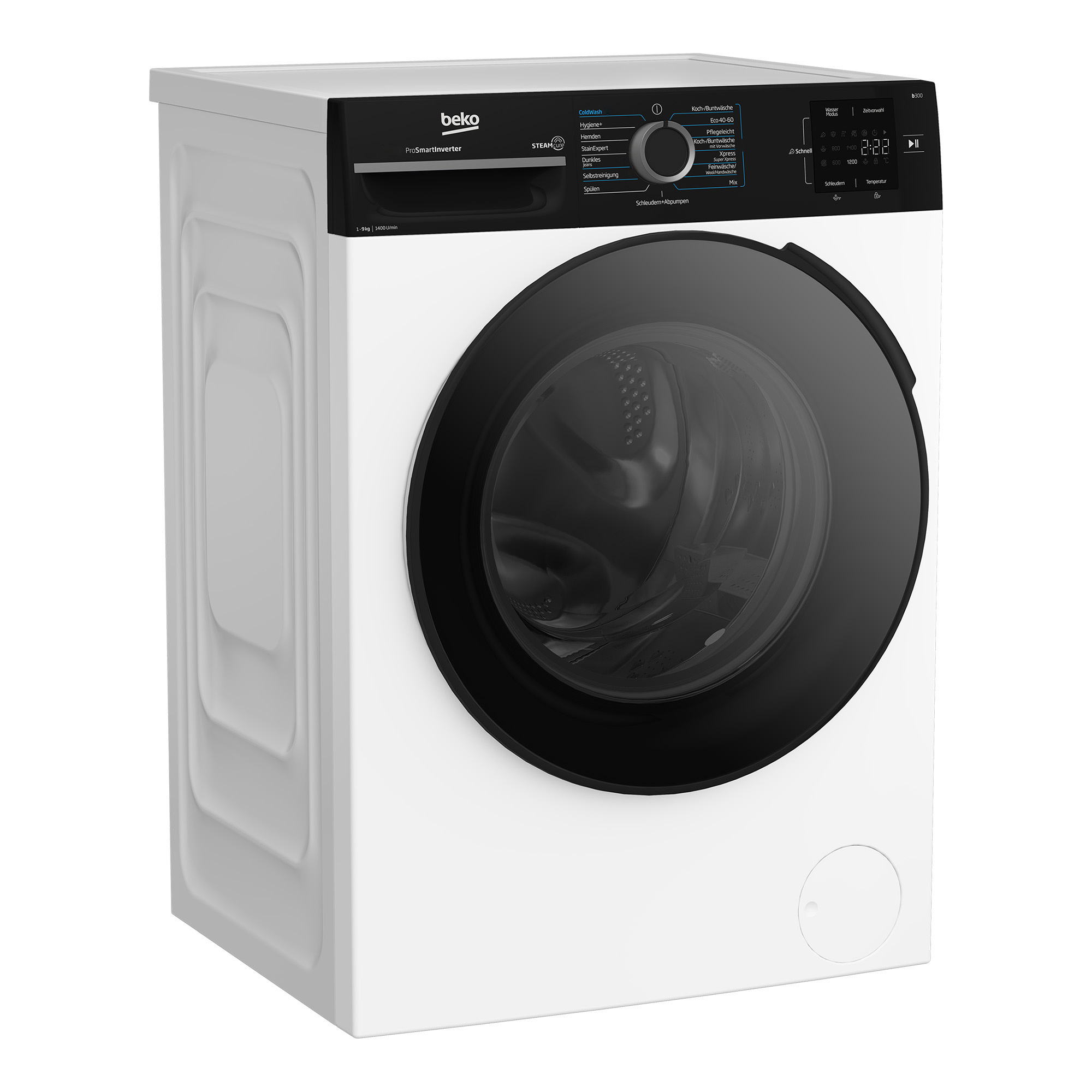 Eine weiße Beko Waschmaschine mit schwarzem Bedienfeld, zentralem Drehknopf und schwarzer Glastür auf weißem Grund.