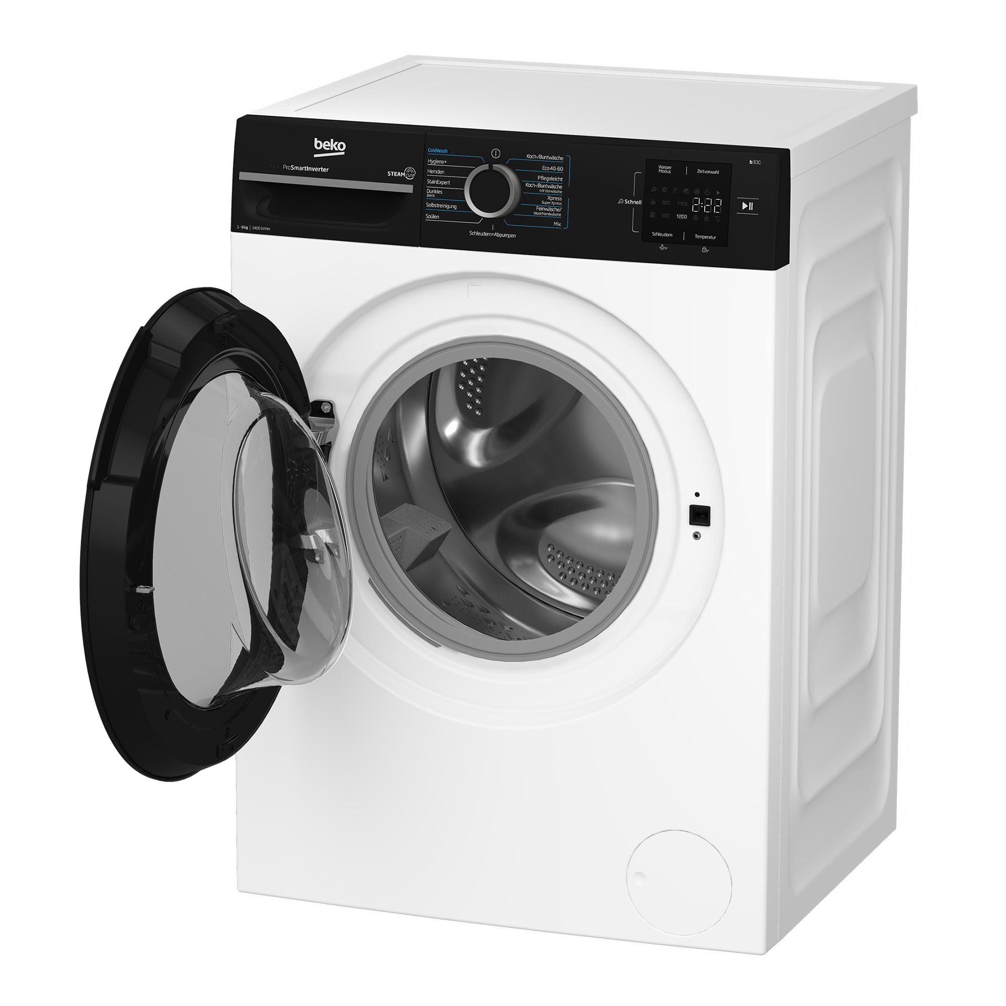 Eine weiße Beko Waschmaschine mit schwarzem Bedienfeld und geöffneter Glastür auf weißem Hintergrund.