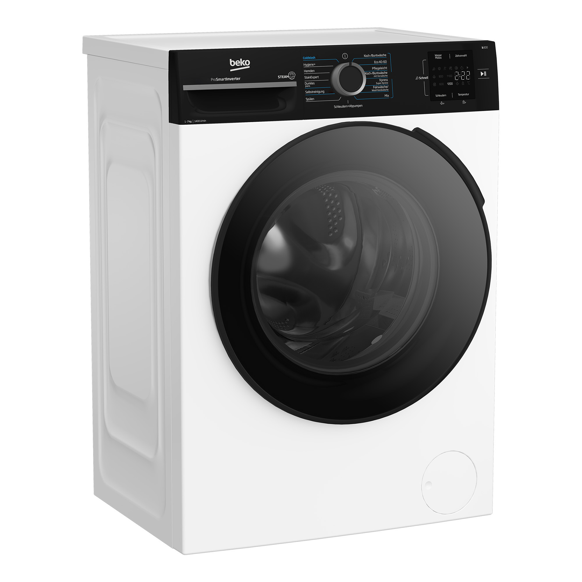 Eine weiße Beko Waschmaschine mit schwarzer Bedienblende und großem Bullauge steht auf einem weißen Hintergrund.