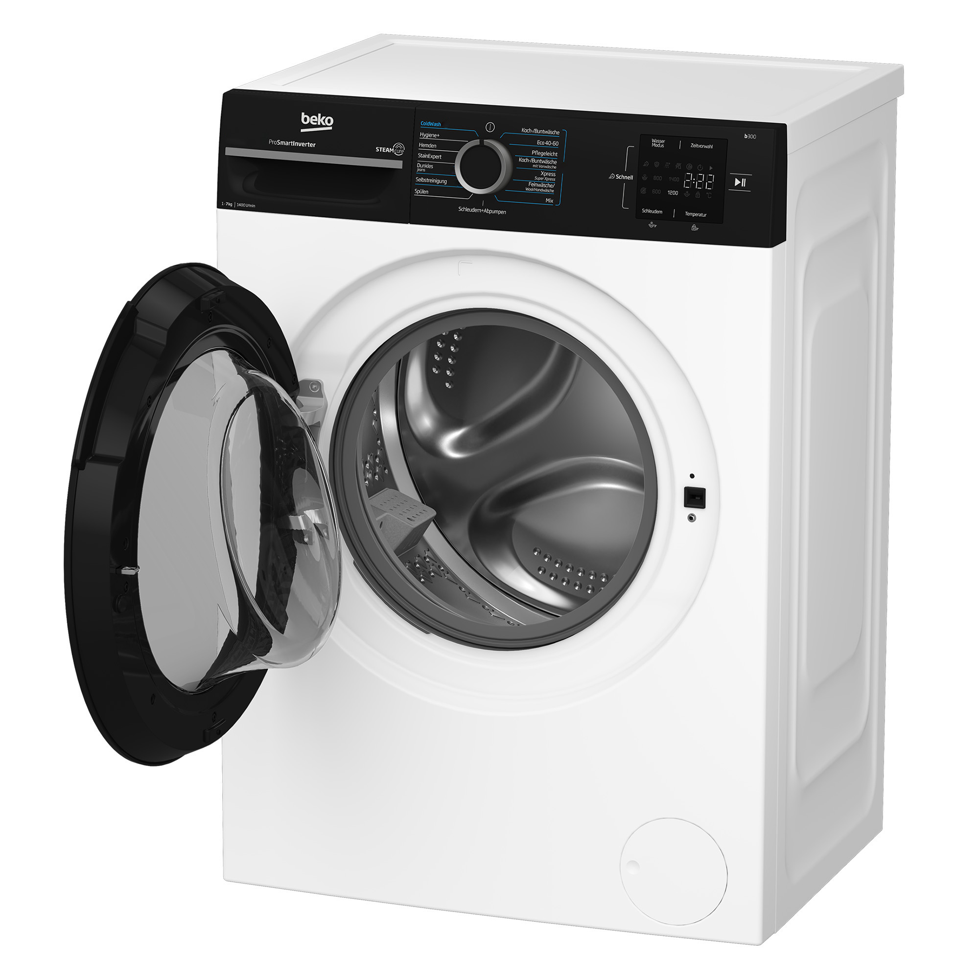 Weiße Beko-Waschmaschine mit schwarzem Bedienfeld und links geöffneter Glastür.