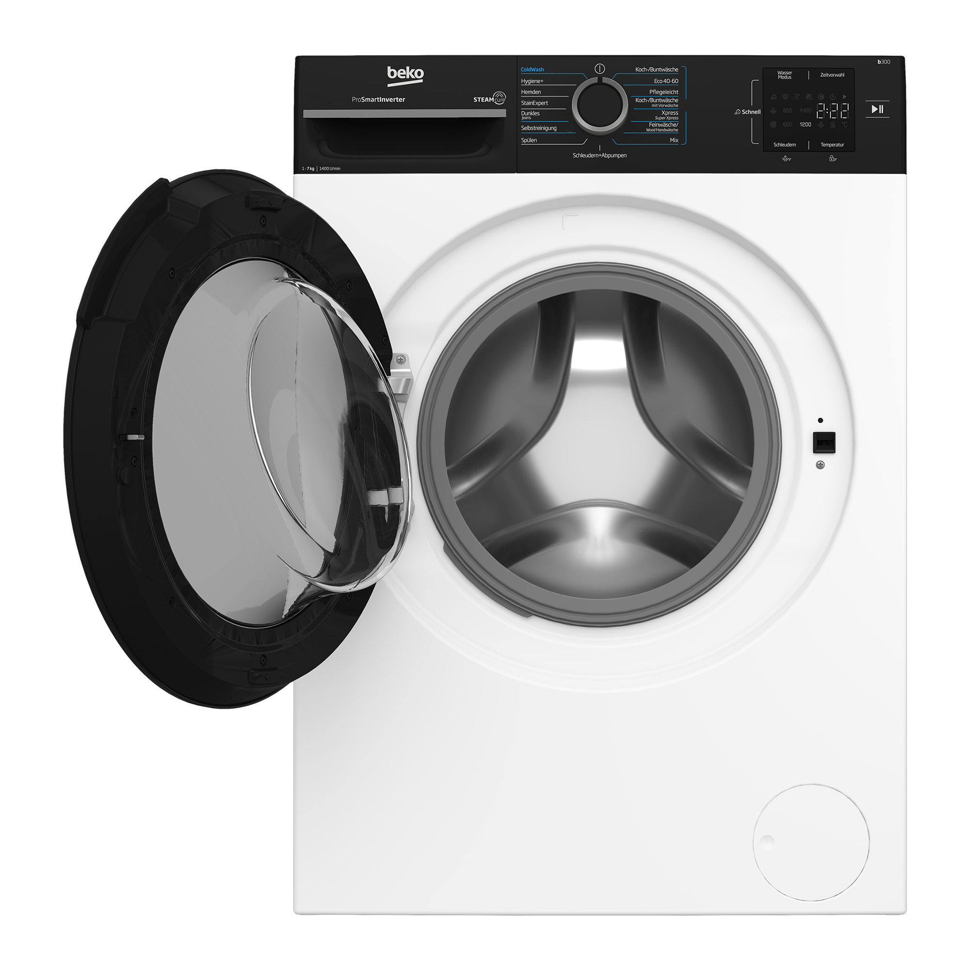 Weisse Beko Frontlader-Waschmaschine mit schwarzem Bedienfeld und offener Glastuere auf weissem Hintergrund.