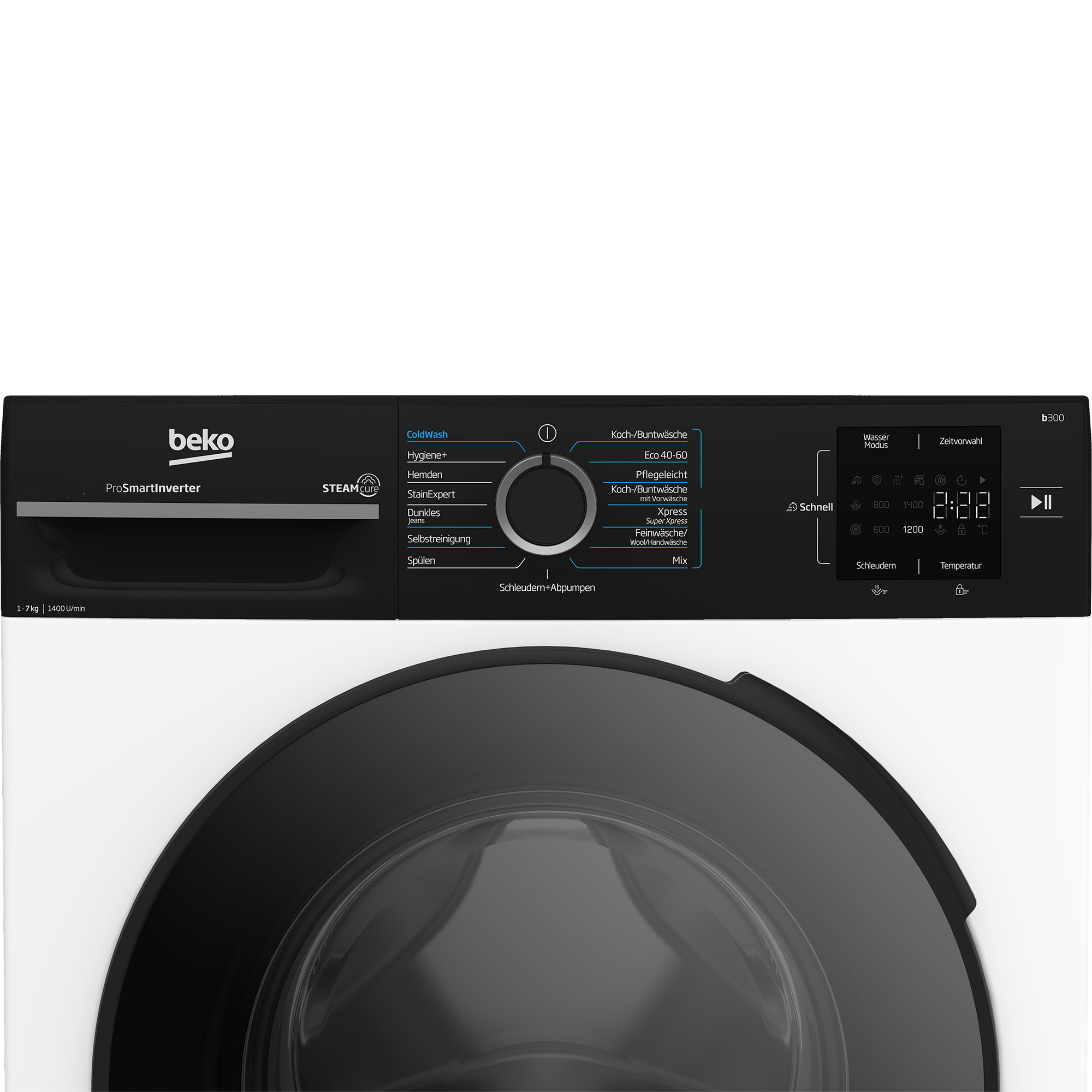 Beko Waschmaschinen-Bedienfeld mit Programmwahl, Digitaldisplay und Touch-Tasten über einer schwarzen Tür.