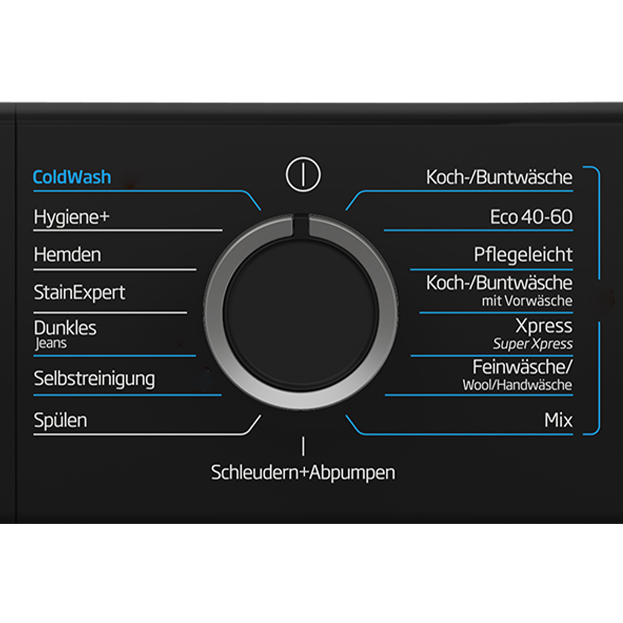 Schwarzes Waschmaschinen-Bedienfeld mit zentralem Drehknopf und deutscher Programmbeschriftung.