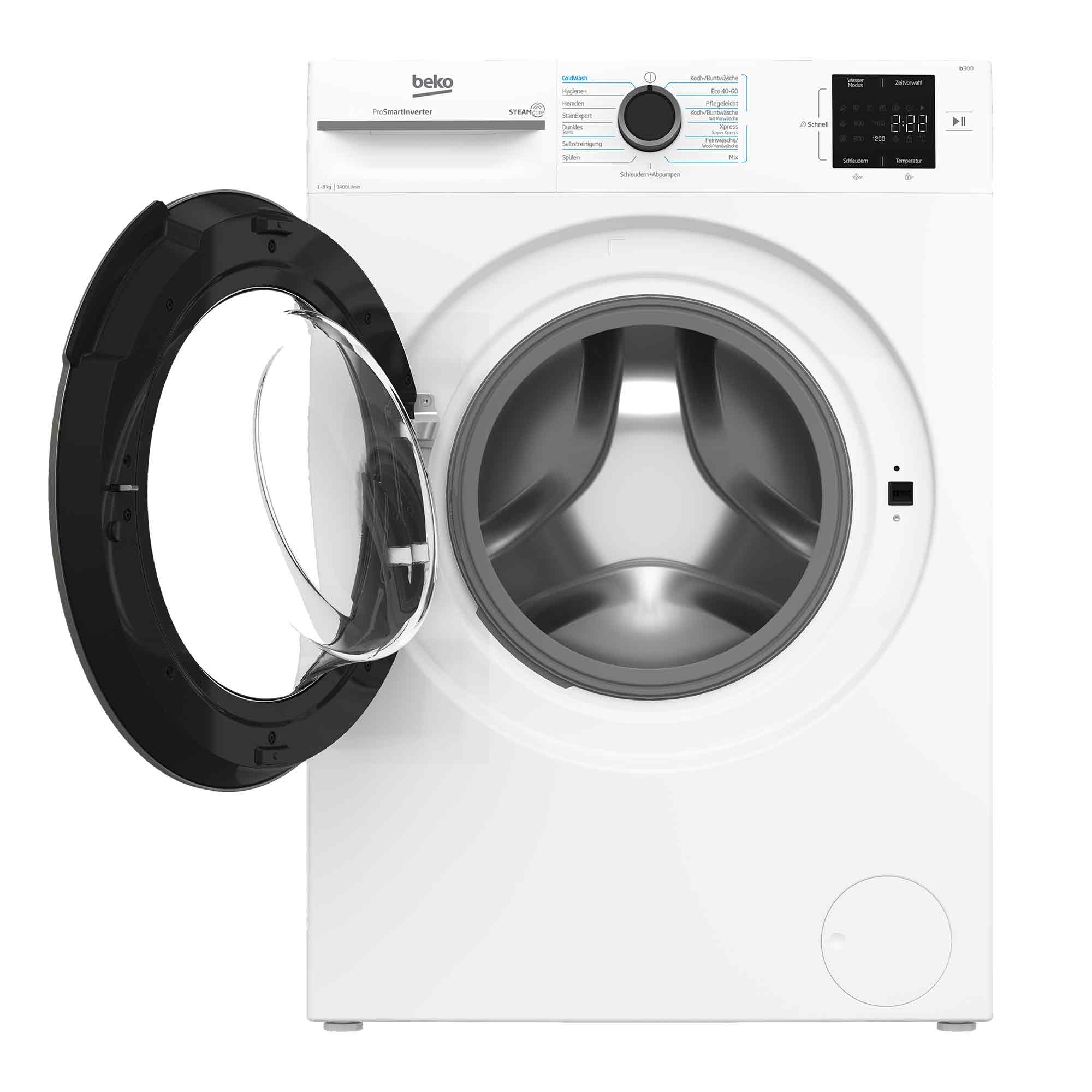 Eine weiße Beko-Waschmaschine mit geöffneter Glastür zeigt die Innentrommel.
