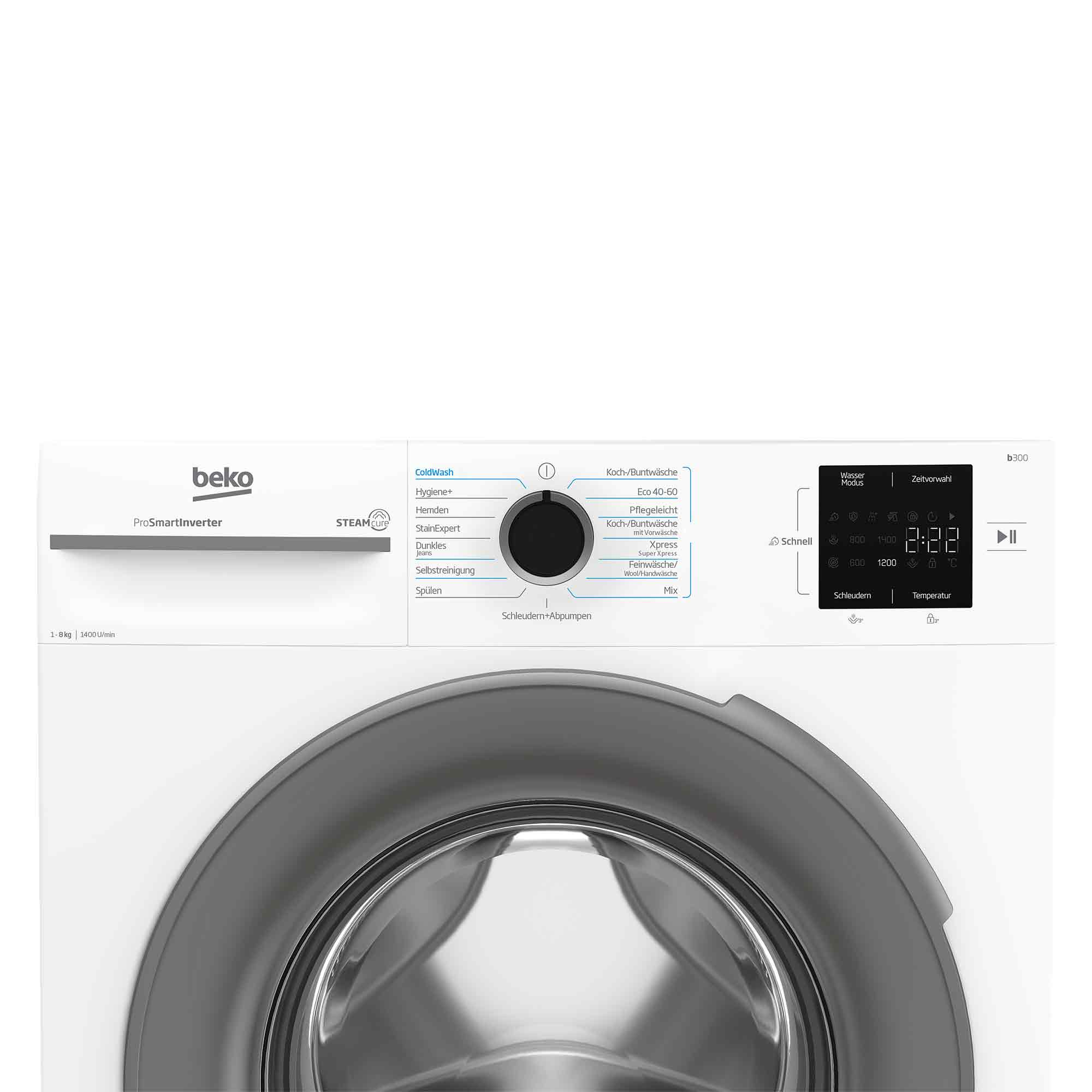 Frontansicht einer weißen Beko Waschmaschine mit Drehregler, Digitaldisplay und großem Bullauge.