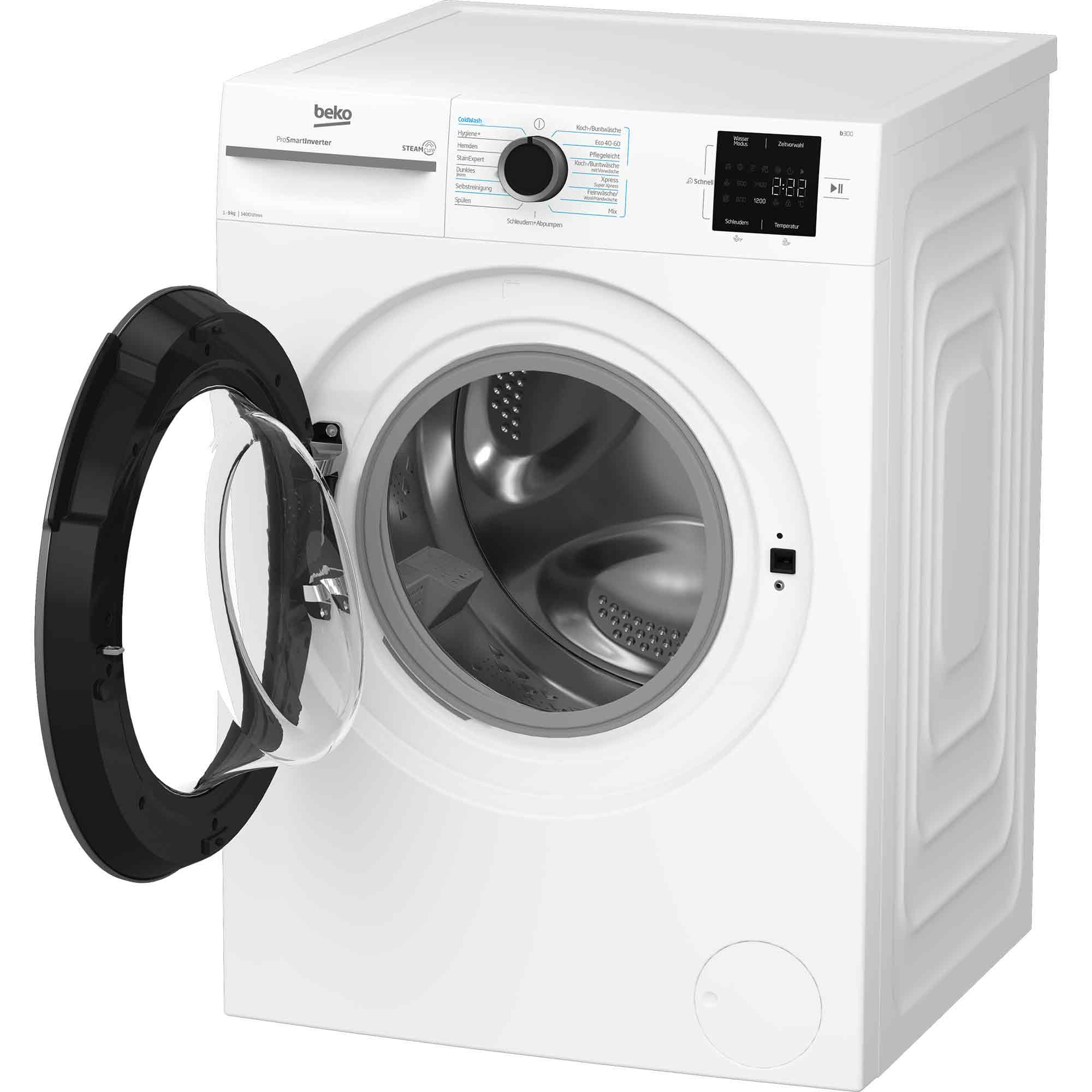 Eine weiße Beko-Waschmaschine mit offener Glastür und digitalem Display vor weißem Hintergrund.