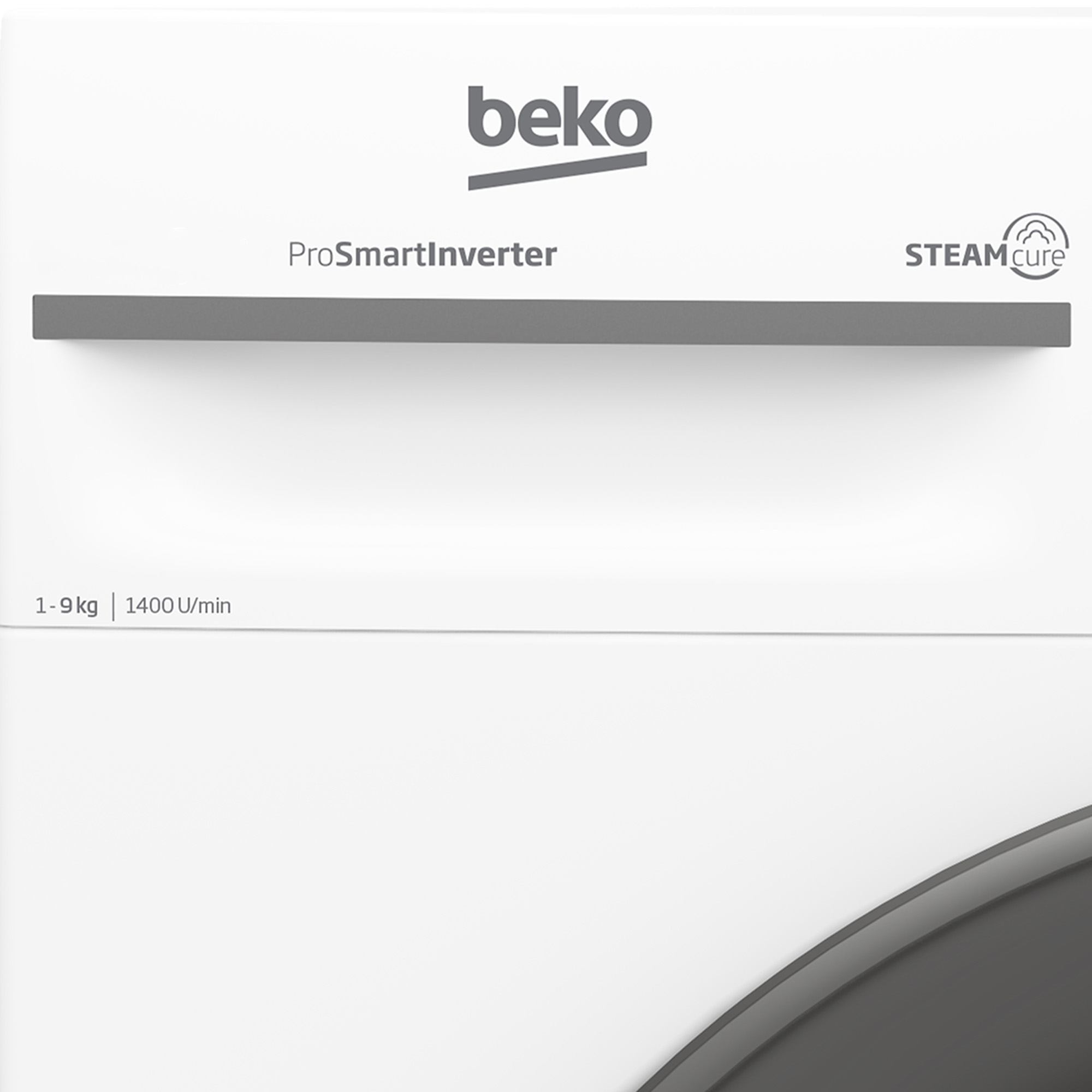 Nahaufnahme einer weißen Beko Waschmaschine mit ProSmart Inverter und SteamCure Logos.
