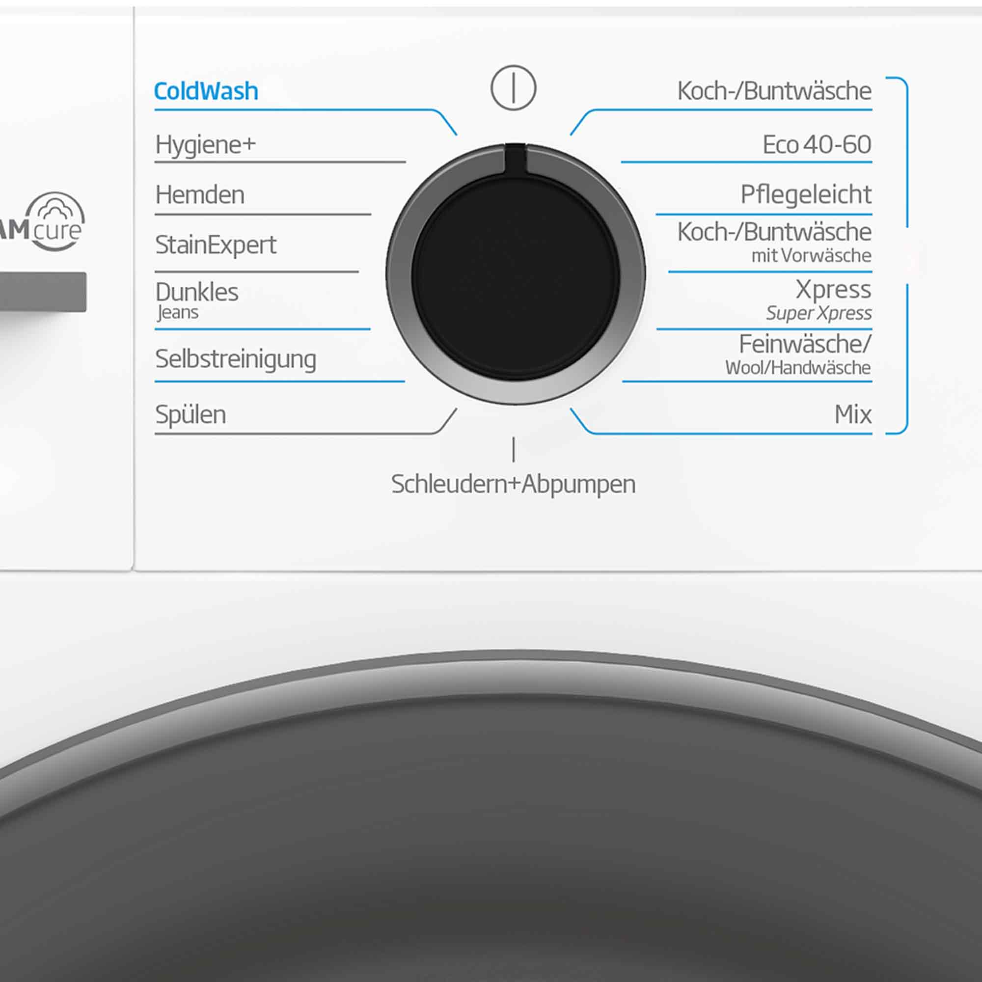 Waschmaschine Bedienfeld mit Drehregler und Programmen auf Deutsch.