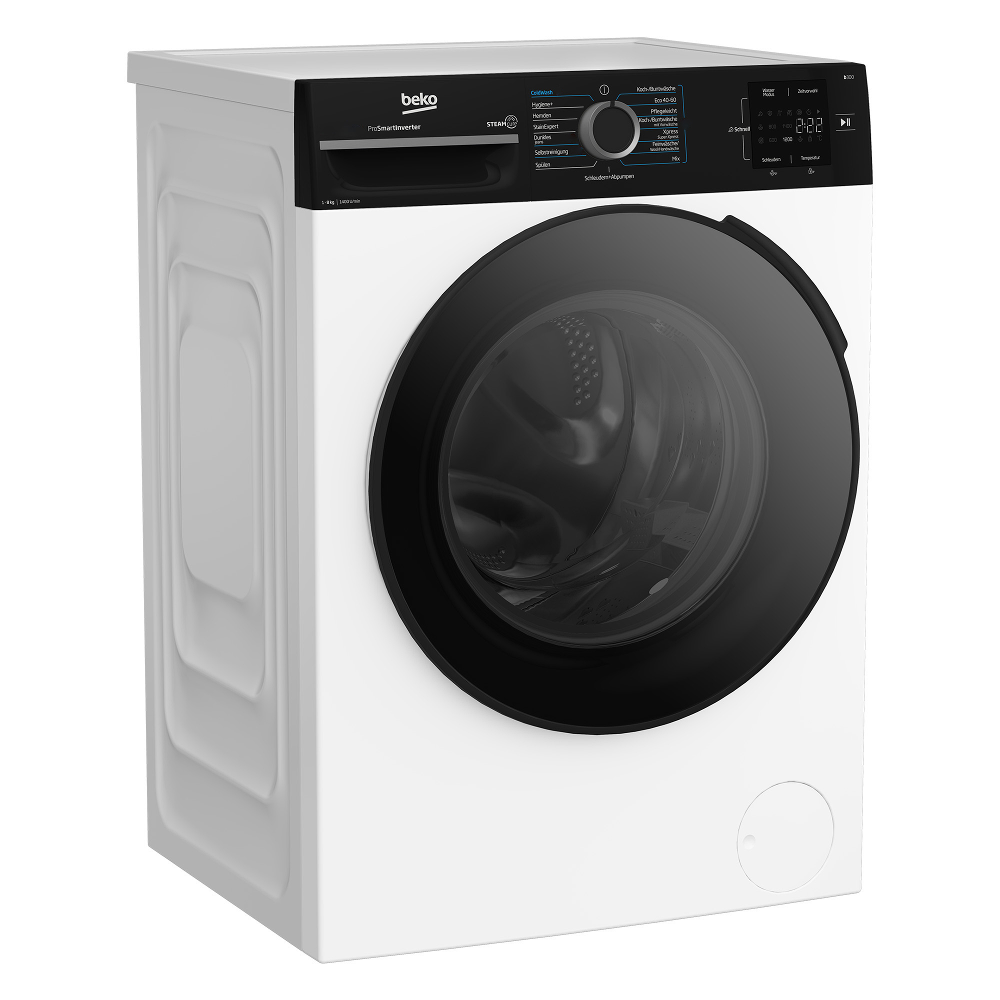 Weiße Beko Waschmaschine mit schwarzem Bedienfeld, Drehregler und großem Bullauge auf hellem Hintergrund.