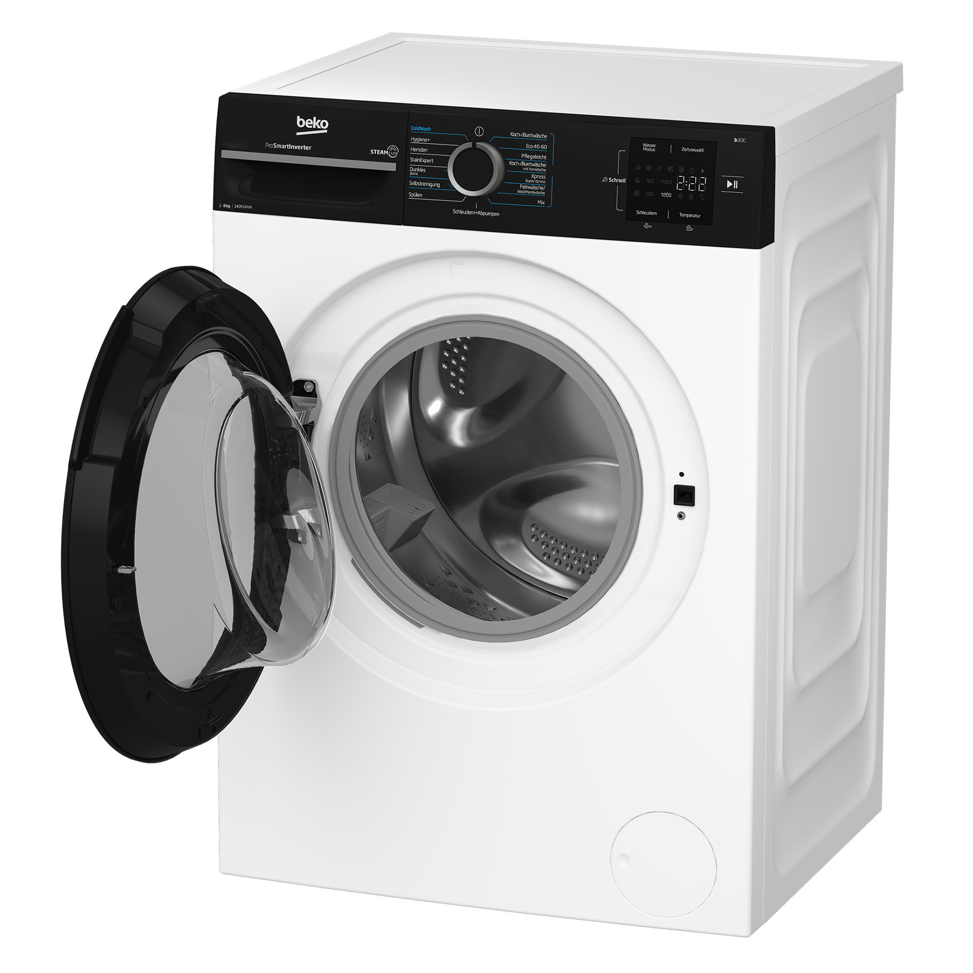 Weiße Beko Waschmaschine mit schwarzem Bedienfeld und links geöffneter Glastür.