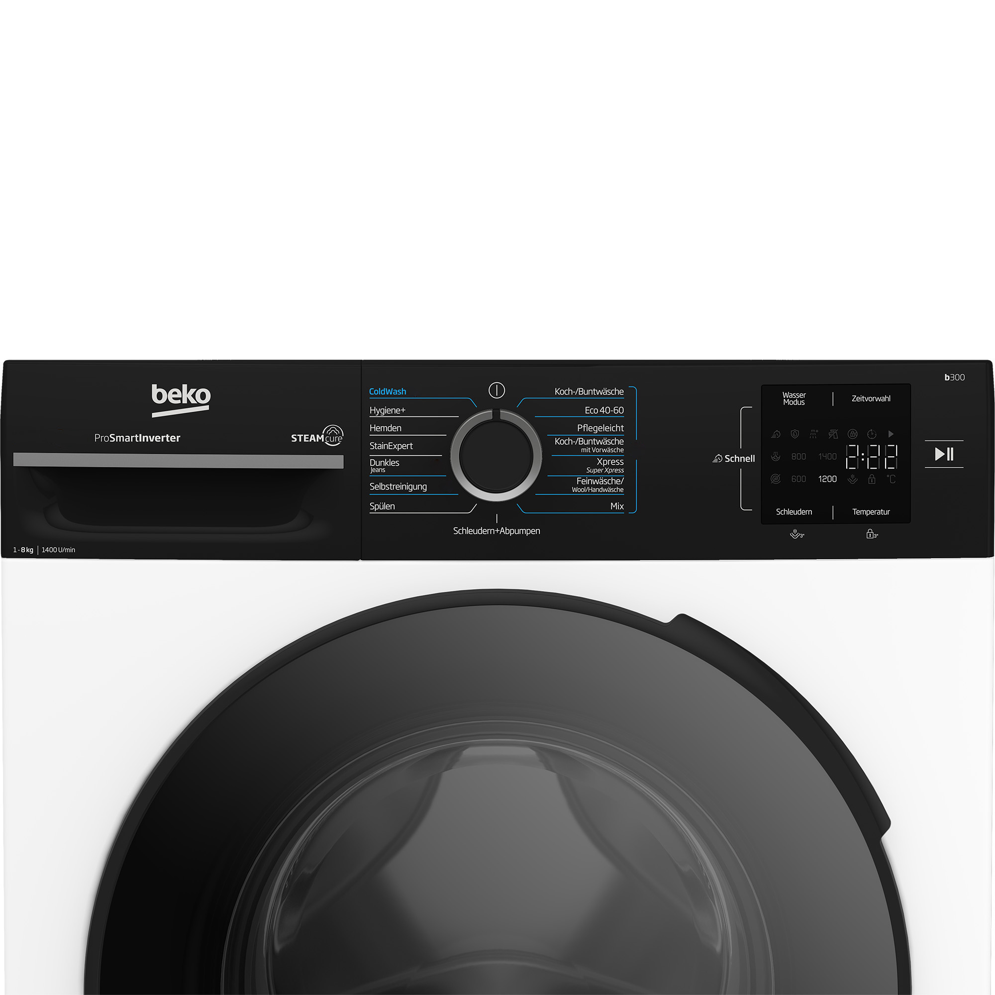 Nahaufnahme einer weißen Beko Waschmaschine mit schwarzem Bedienfeld, Drehregler und digitalem Display.