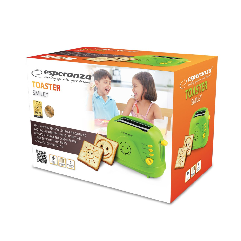 Caja de un tostador verde brillante Esperanza con tostadas de caras sonrientes y niños riendo.