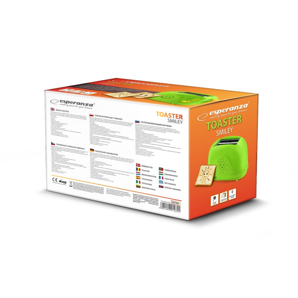 Caja de producto para una tostadora verde Esperanza Smiley con una rebanada de pan tostado y texto.