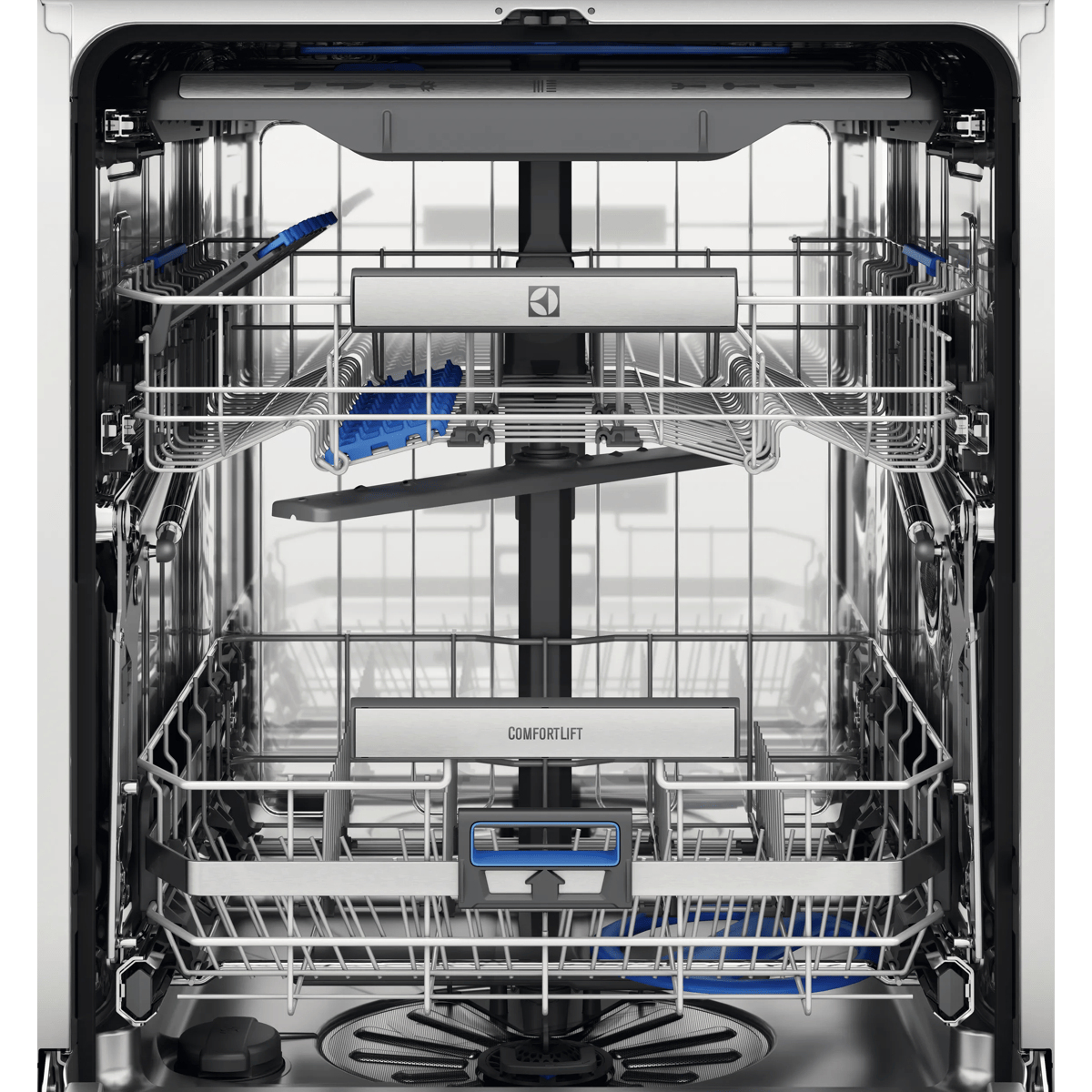Lavastoviglie aperta con cestelli argentati vuoti, dettagli blu e maniglia ComfortLift nel cestello inferiore.