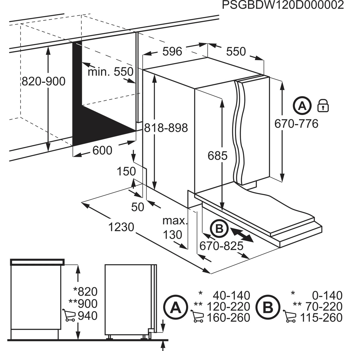 Schema tecnico che mostra le dimensioni di installazione e le misure per un elettrodomestico da incasso.