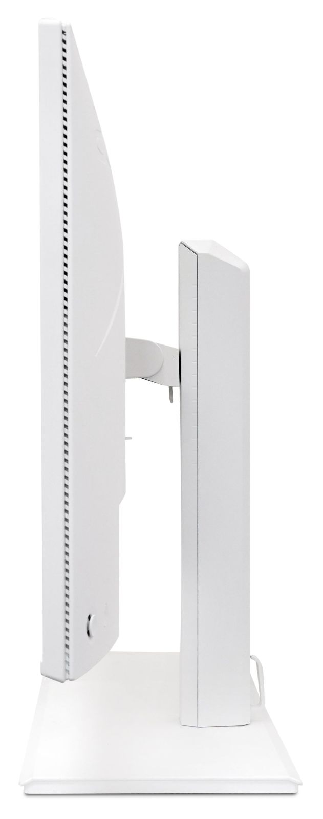 Vista laterale di un monitor per computer bianco su supporto, su sfondo bianco.