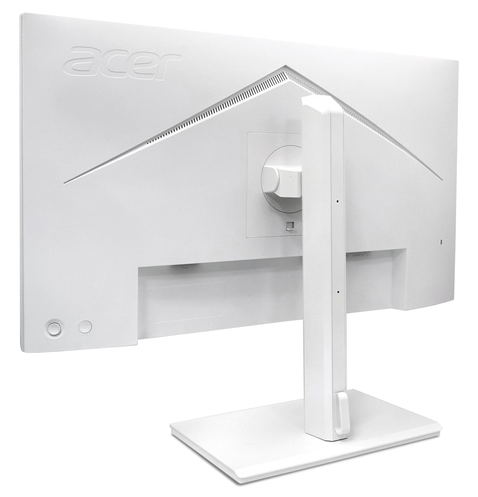 Vista posteriore di un monitor per computer Acer bianco con supporto su sfondo bianco.