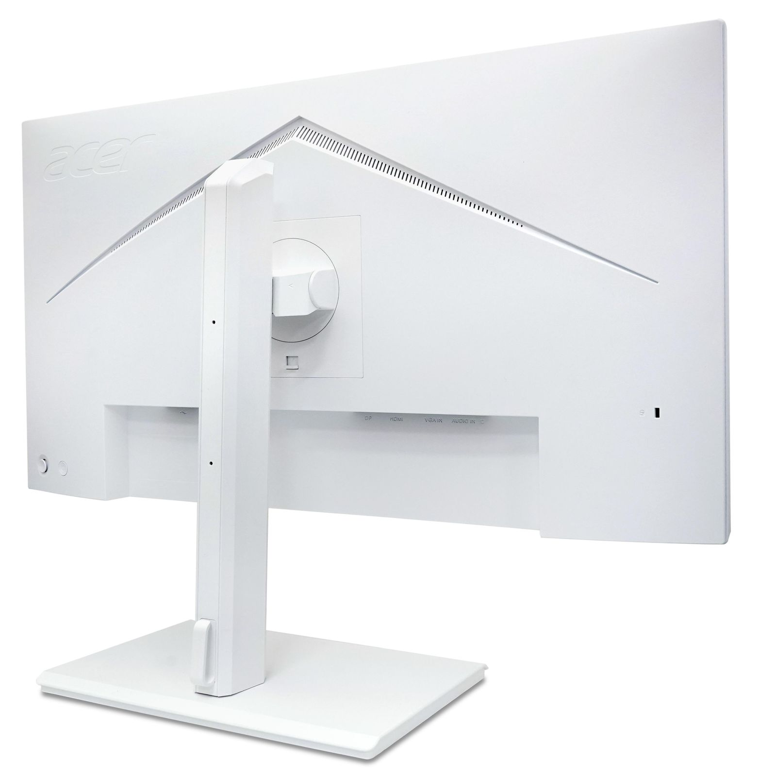 Vista posteriore di un monitor Acer bianco con supporto su sfondo bianco.