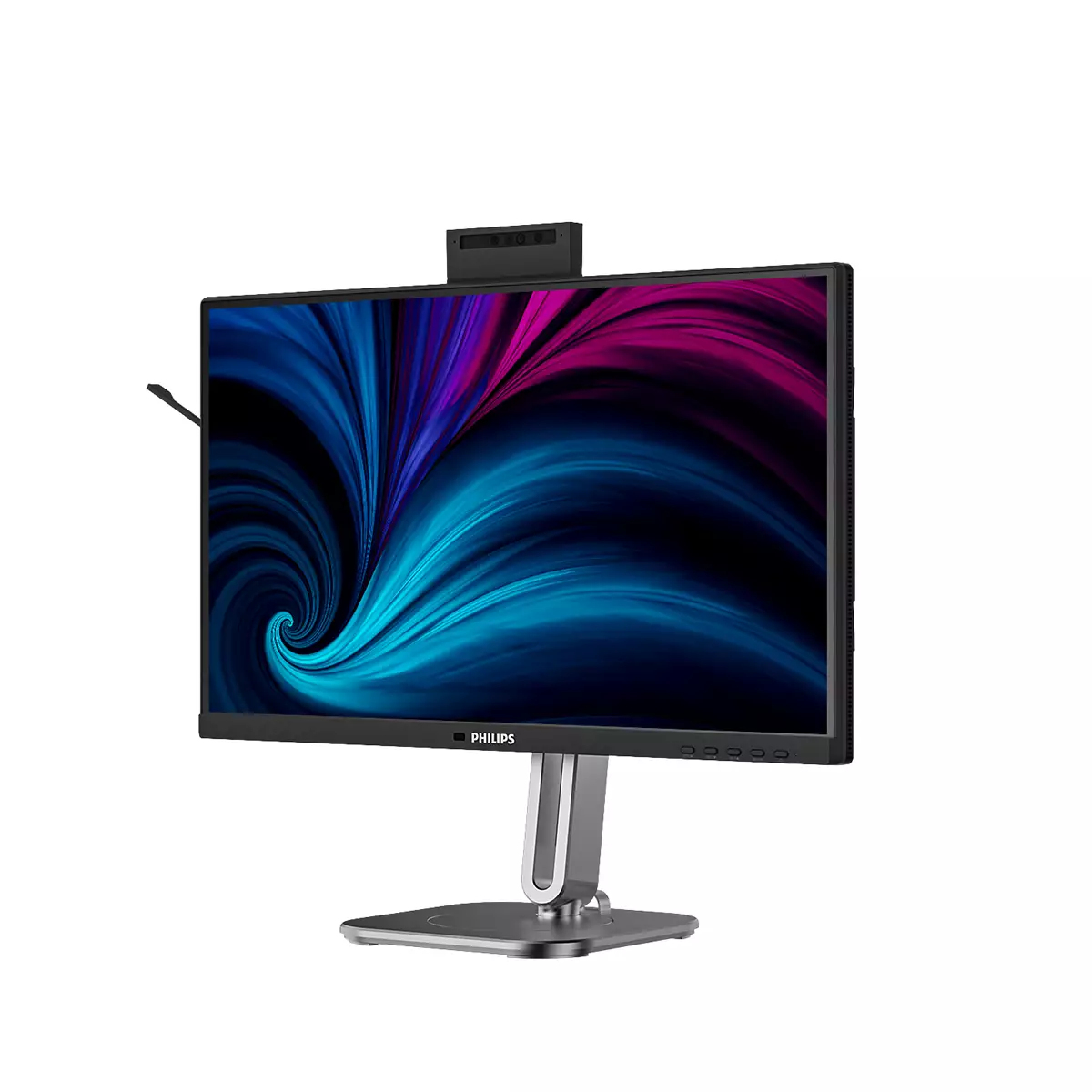 Een Philips-monitor met ingebouwde webcam aan de bovenkant en een blauwe, abstracte achtergrond.