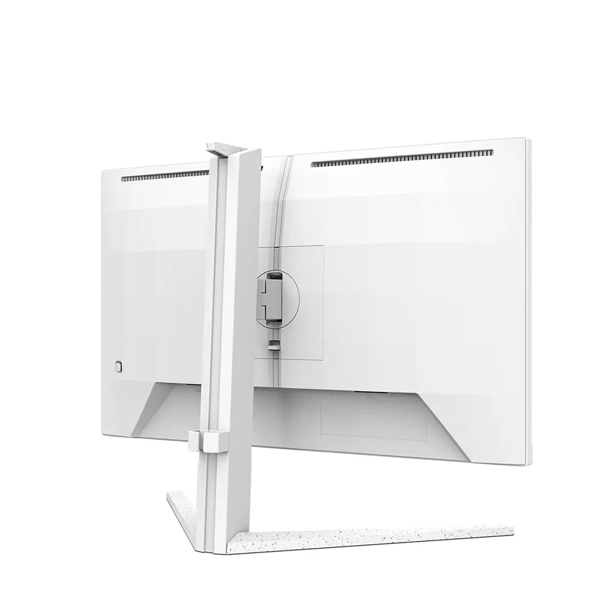 Vista trasera de un monitor de computadora blanco con soporte sobre fondo blanco.