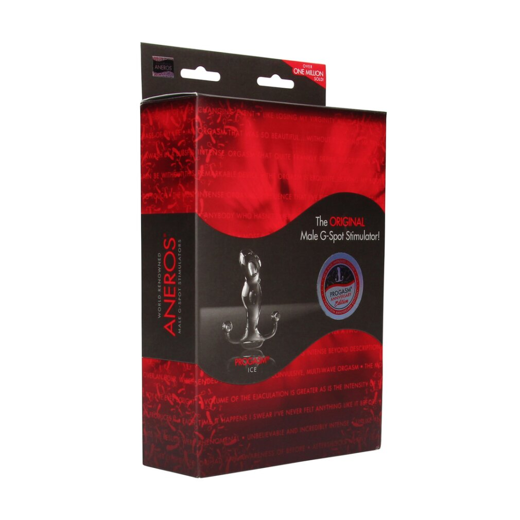 Eine rote und schwarze Verpackung für den Aneros Progasm Ice G-Spot Stimulator mit Produktabbildung.
