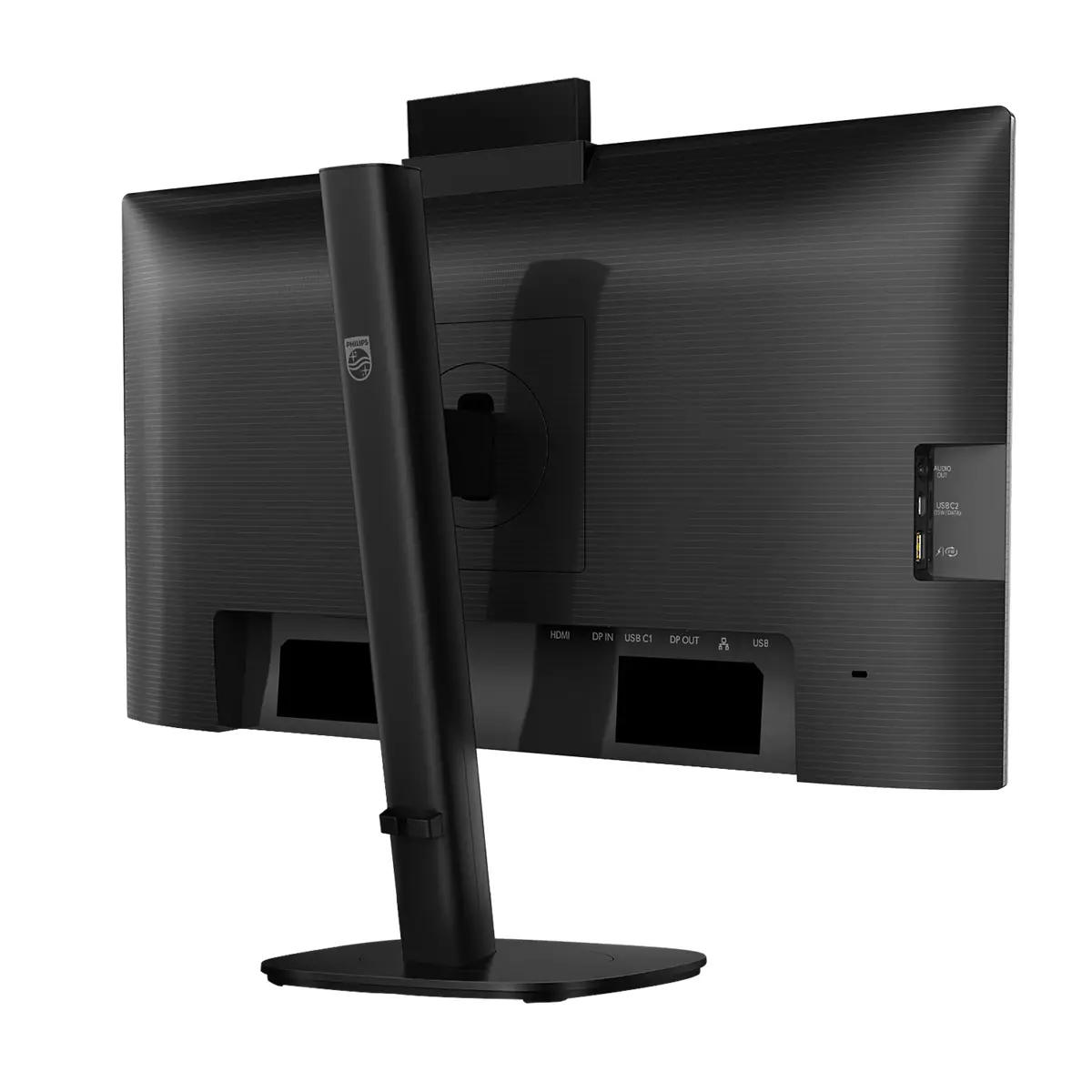 Rückseite eines schwarzen Philips-Monitors mit Standfuß und sichtbaren Anschlüssen.