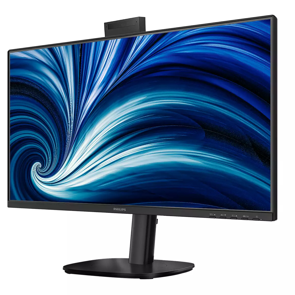 Ein schwarzer Philips-Monitor zeigt ein lebendiges, blaues abstraktes Hintergrundbild.