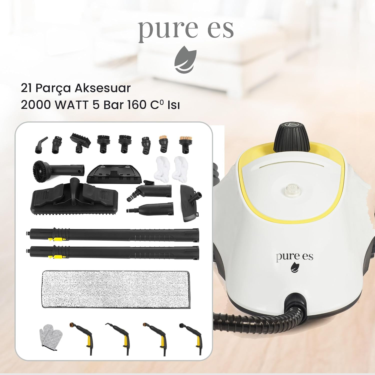 Solda 21 adet aksesuarıyla birlikte beyaz ve sarı renkli Pure Es buharlı temizleyici.