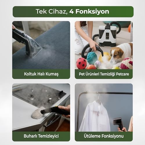 Koltuk temizliği, evcil hayvan bakımı, buharlı temizlik ve ütüleme olmak üzere dört fonksiyonlu temizlik cihazı.