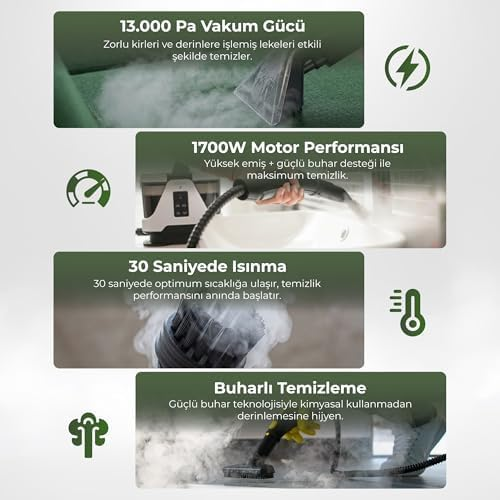 Dört yeşil kutuda buharlı temizleyicinin özellikleri gösteriliyor: vakum gücü, motor, ısınma süresi ve buhar.