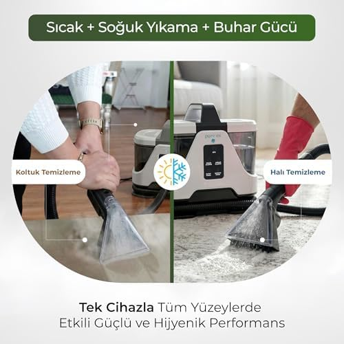 Bir temizlik cihazı, sıcak, soğuk su ve buhar gücüyle halı ve koltuk temizliğini gösteriyor.