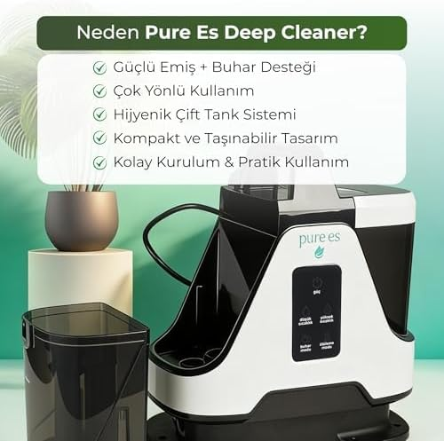 Yeşil odada özellik metniyle birlikte siyah-beyaz Pure Es Deep Cleaner.