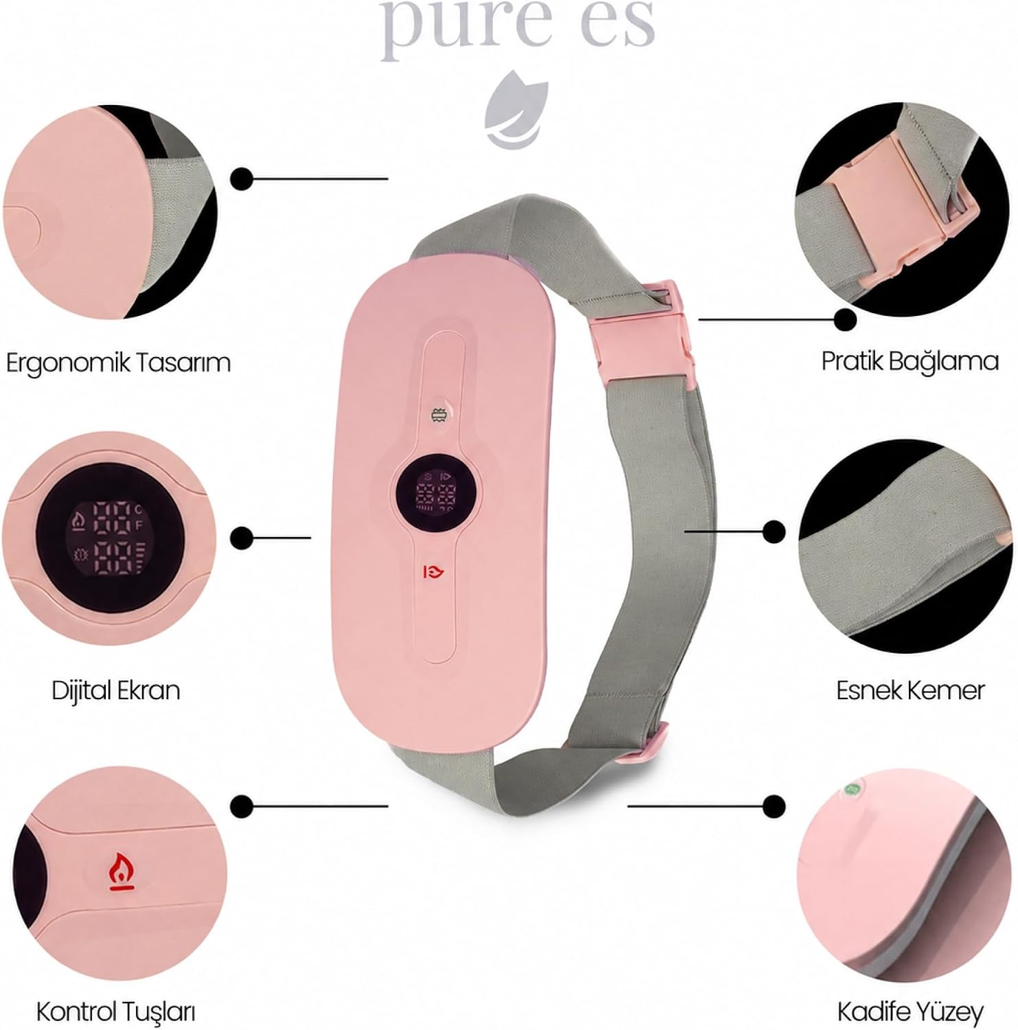 Dijital ekranlı, esnek kemerli ve kontrol tuşlu pembe menstruasyon kemeri.