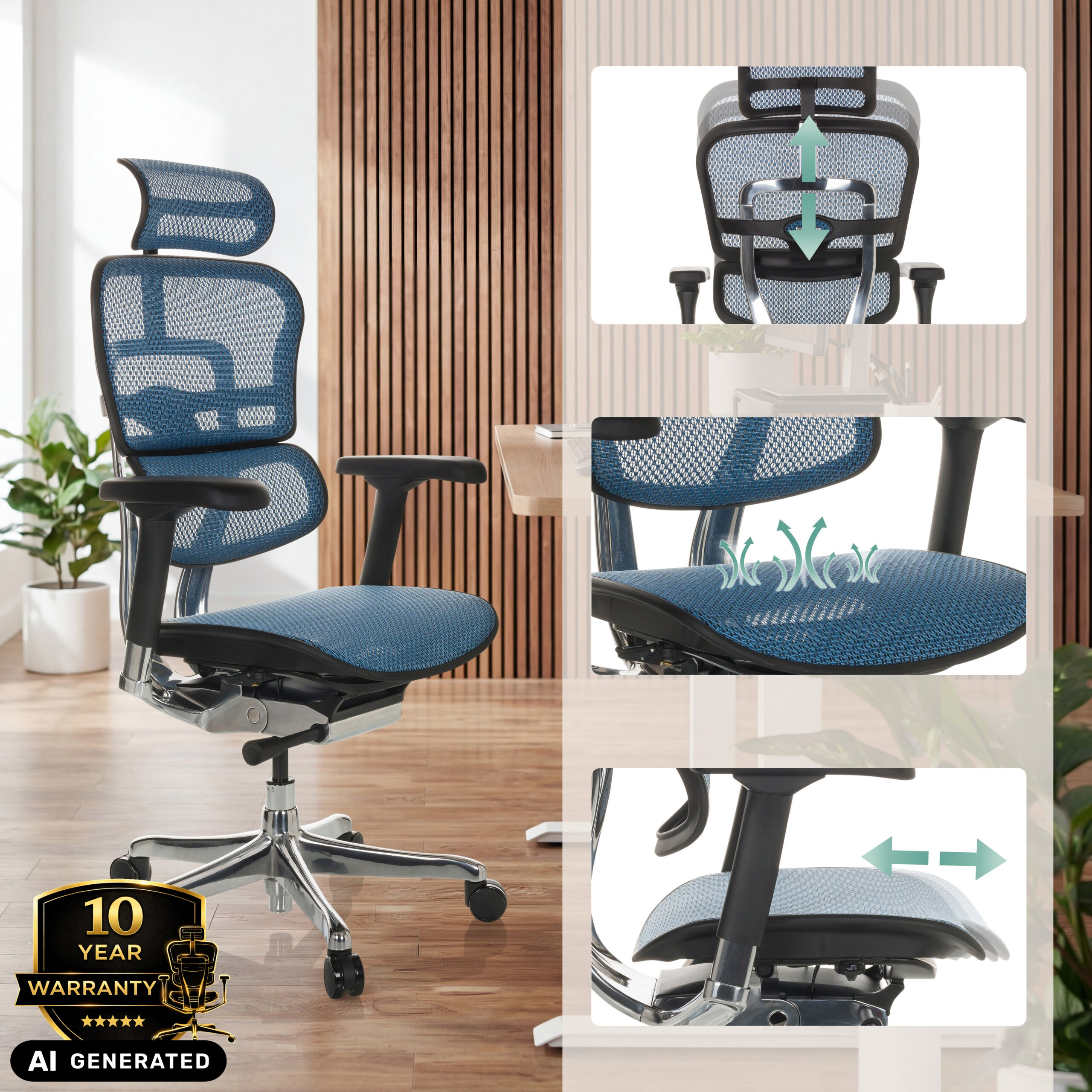 Ein ergonomischer blauer Bürostuhl mit Kopfstütze in einem modernen Raum mit einem 10-Jahres-Garantie-Siegel.