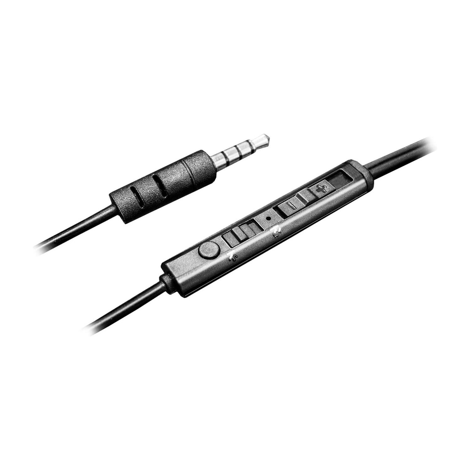 Un cable de auriculares negro con un módulo de control en línea y un conector jack de 3.5 mm sobre fondo blanco.
