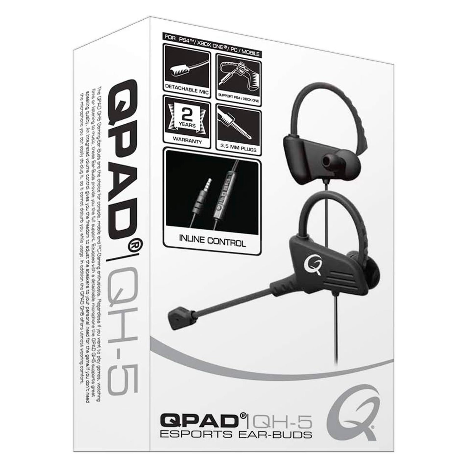 Auriculares para deportes electrónicos QPAD QH-5 en caja con micrófono y control.