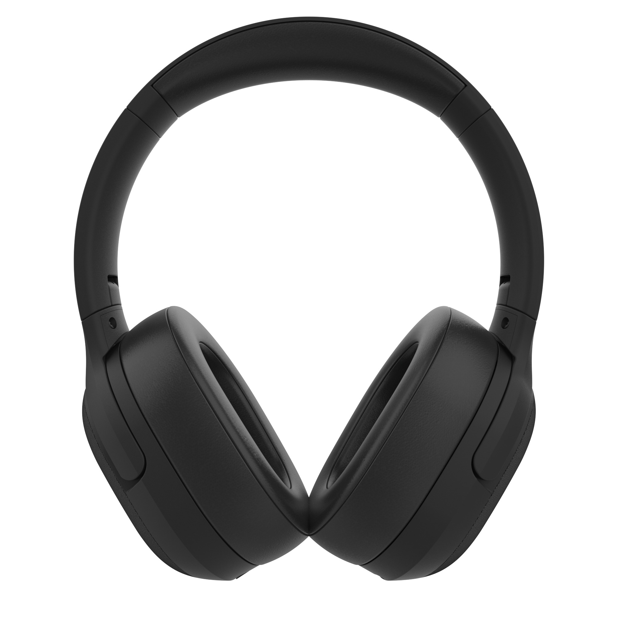 Ein Paar schlichte schwarze Over-Ear-Kopfhörer vor weißem Hintergrund.