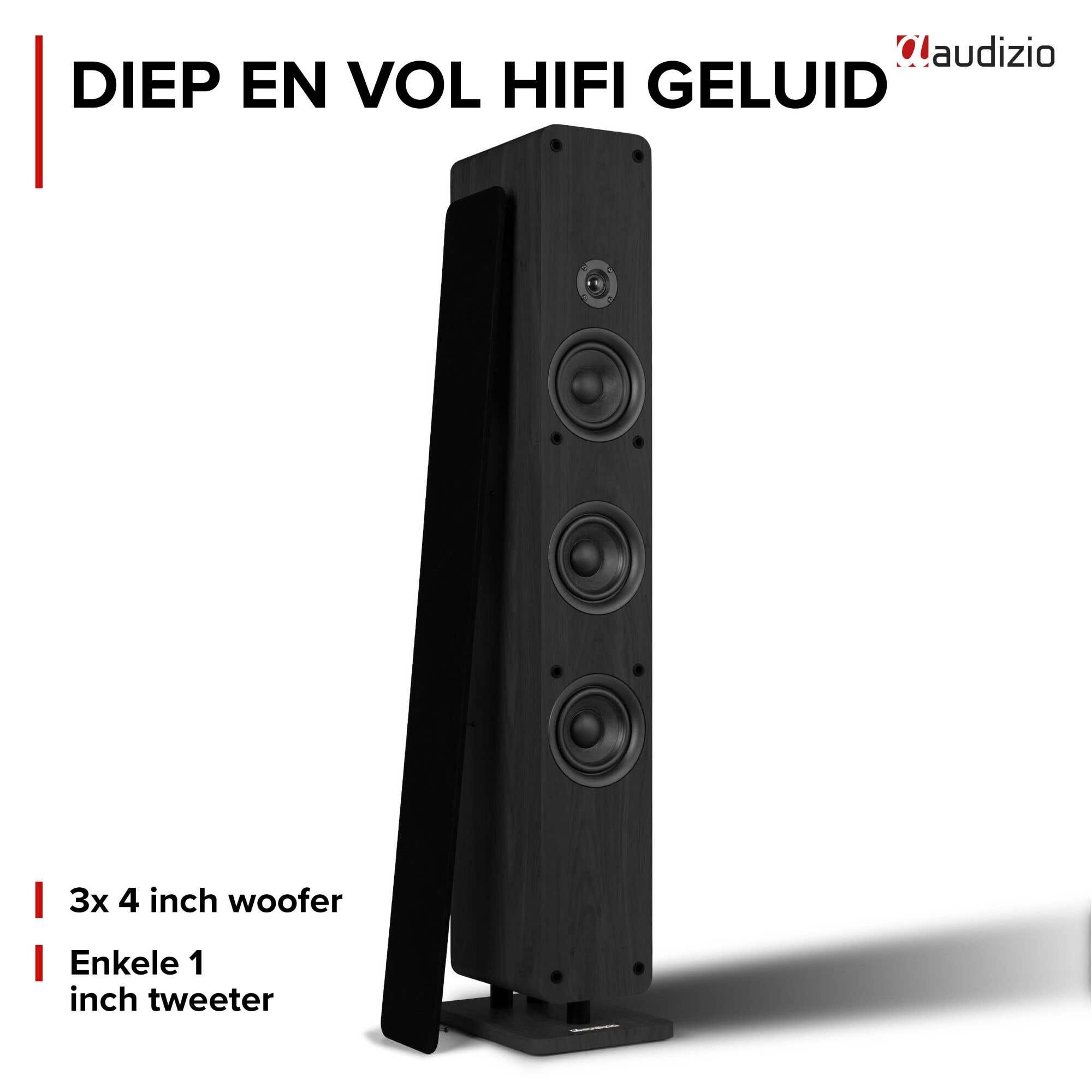 Alto altavoz de torre negro Audizio con tres woofers de 4 pulgadas y un tweeter sobre fondo blanco.