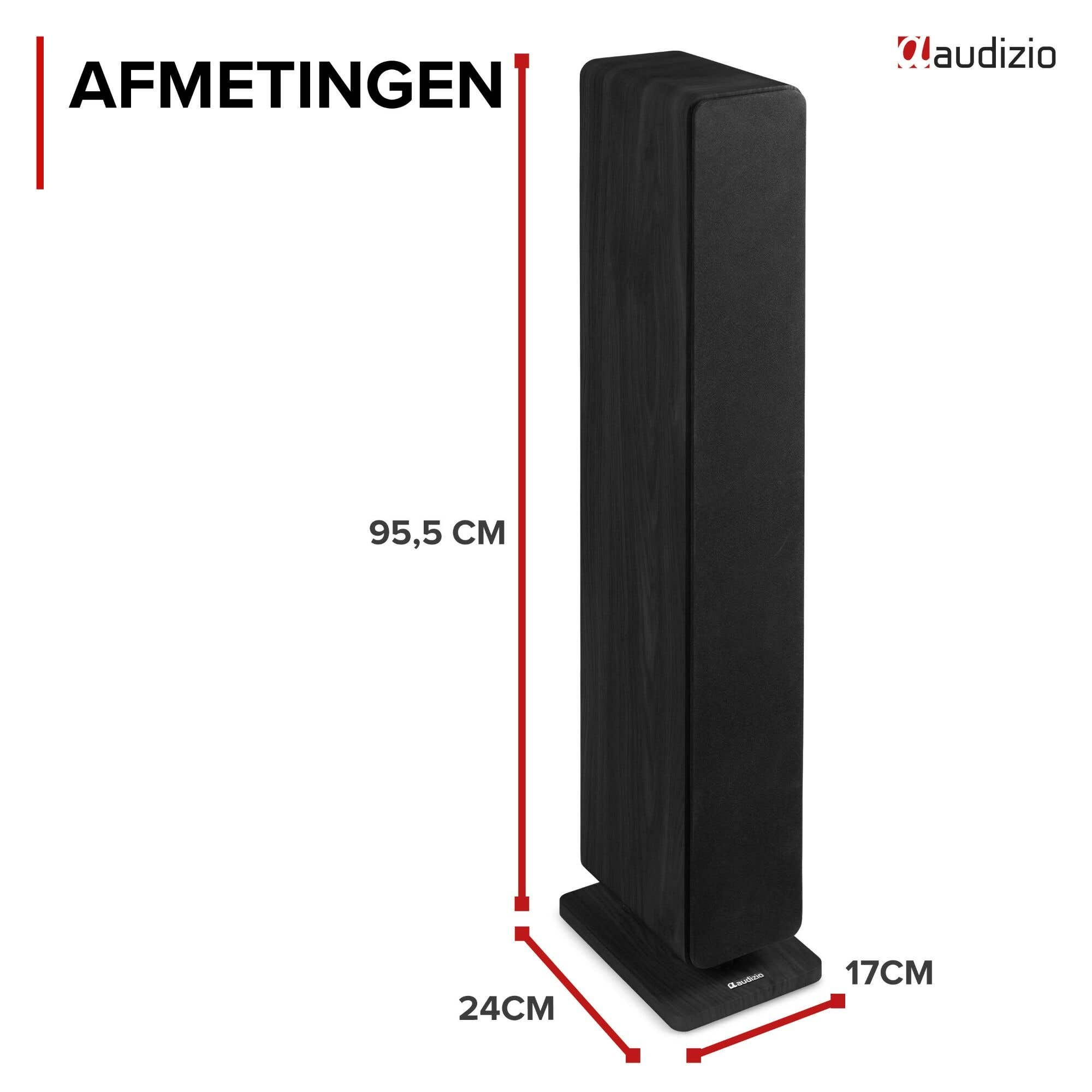 Altavoz de torre Audizio negro con líneas rojas que indican altura de 95,5 cm, profundidad de 24 cm y anchura de 17 cm.