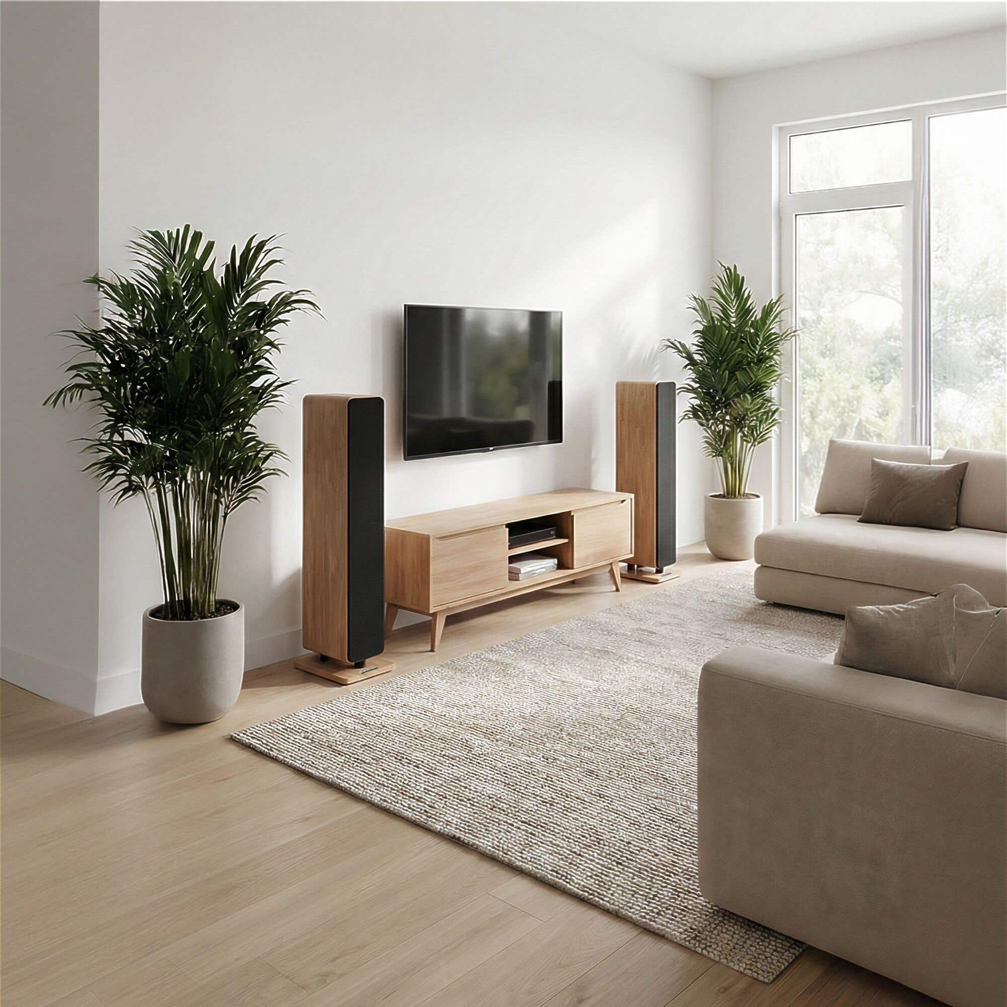 Sala de estar con suelo de madera clara, televisor, altavoces, plantas y sofás.